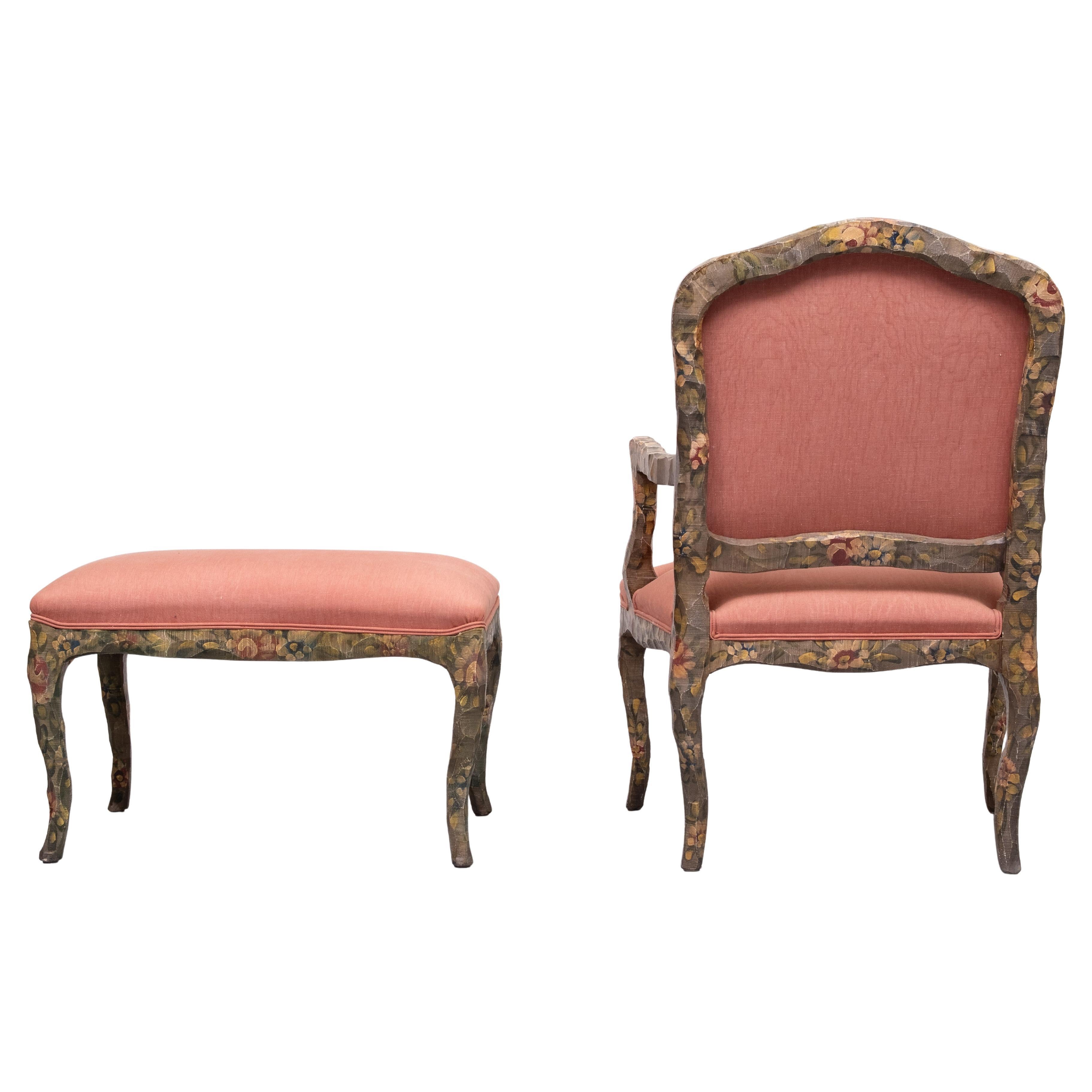 Wood Contemporary  Rococo arm chair and Ottoman  1990s