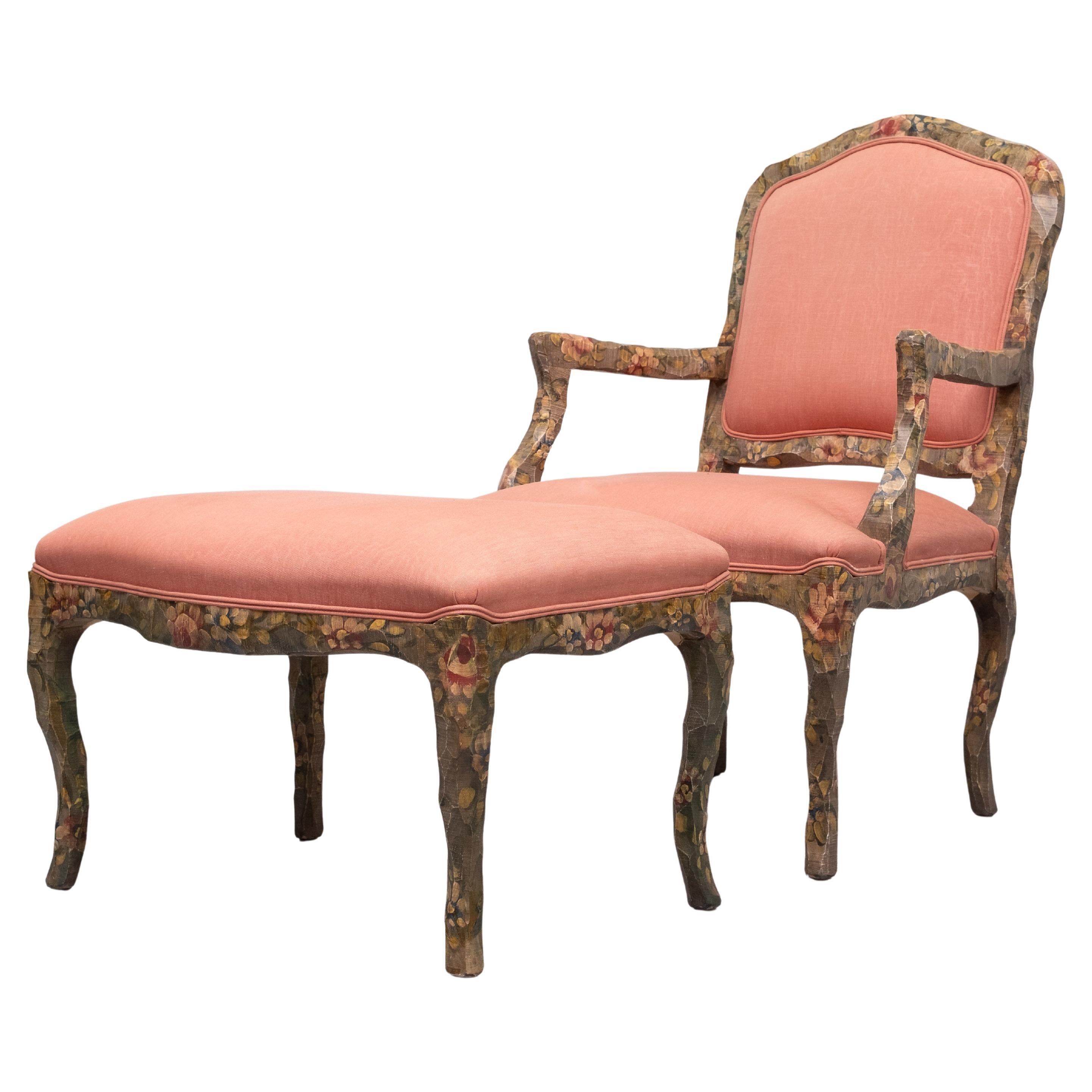 Contemporary  Rococo arm chair and Ottoman  1990s