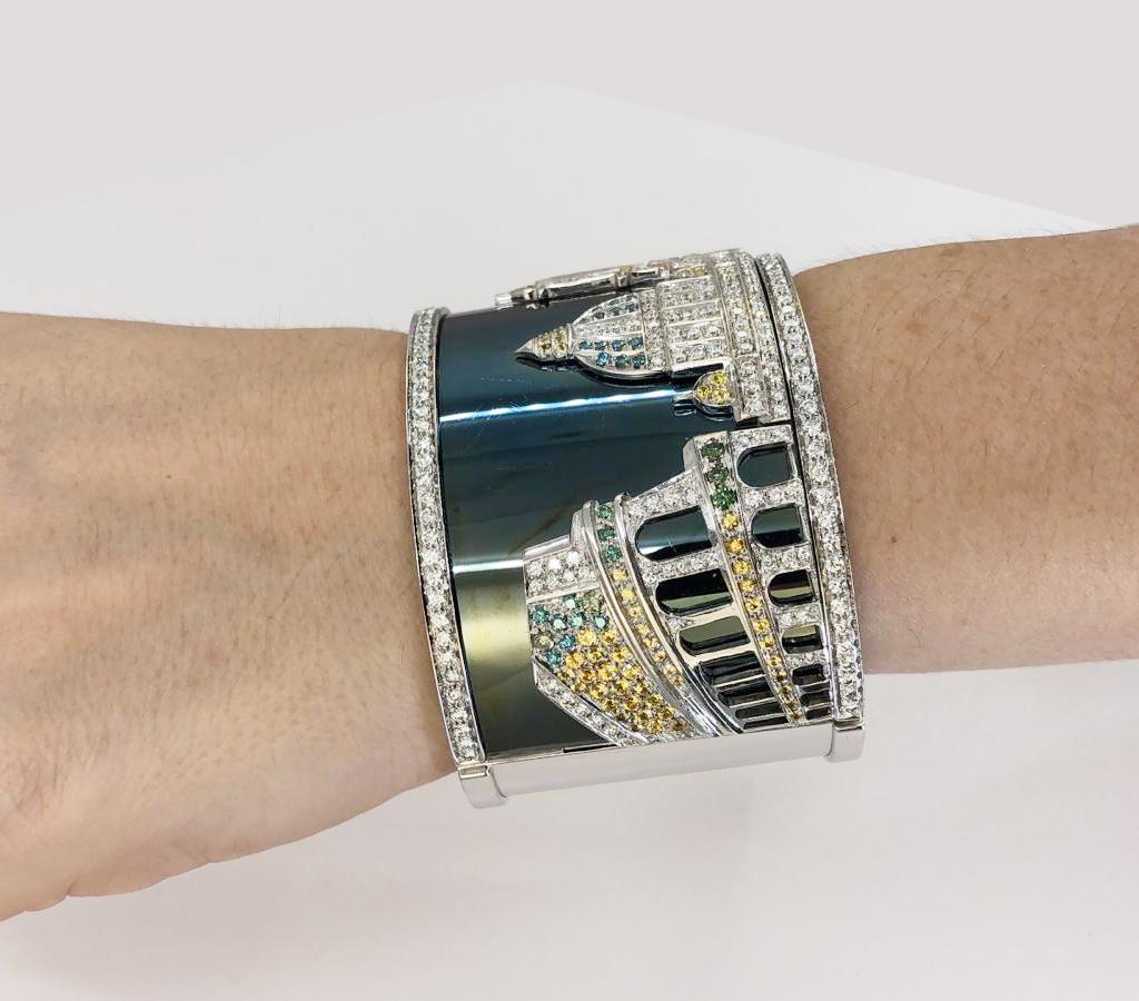Round Cut Diamond Sapphire White Gold Contemporary Roman Vista Cuff Bracelet For Sale