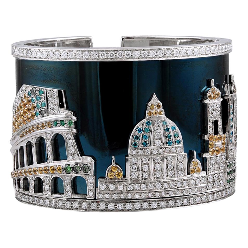 Diamond Sapphire White Gold Contemporary Roman Vista Cuff Bracelet For Sale