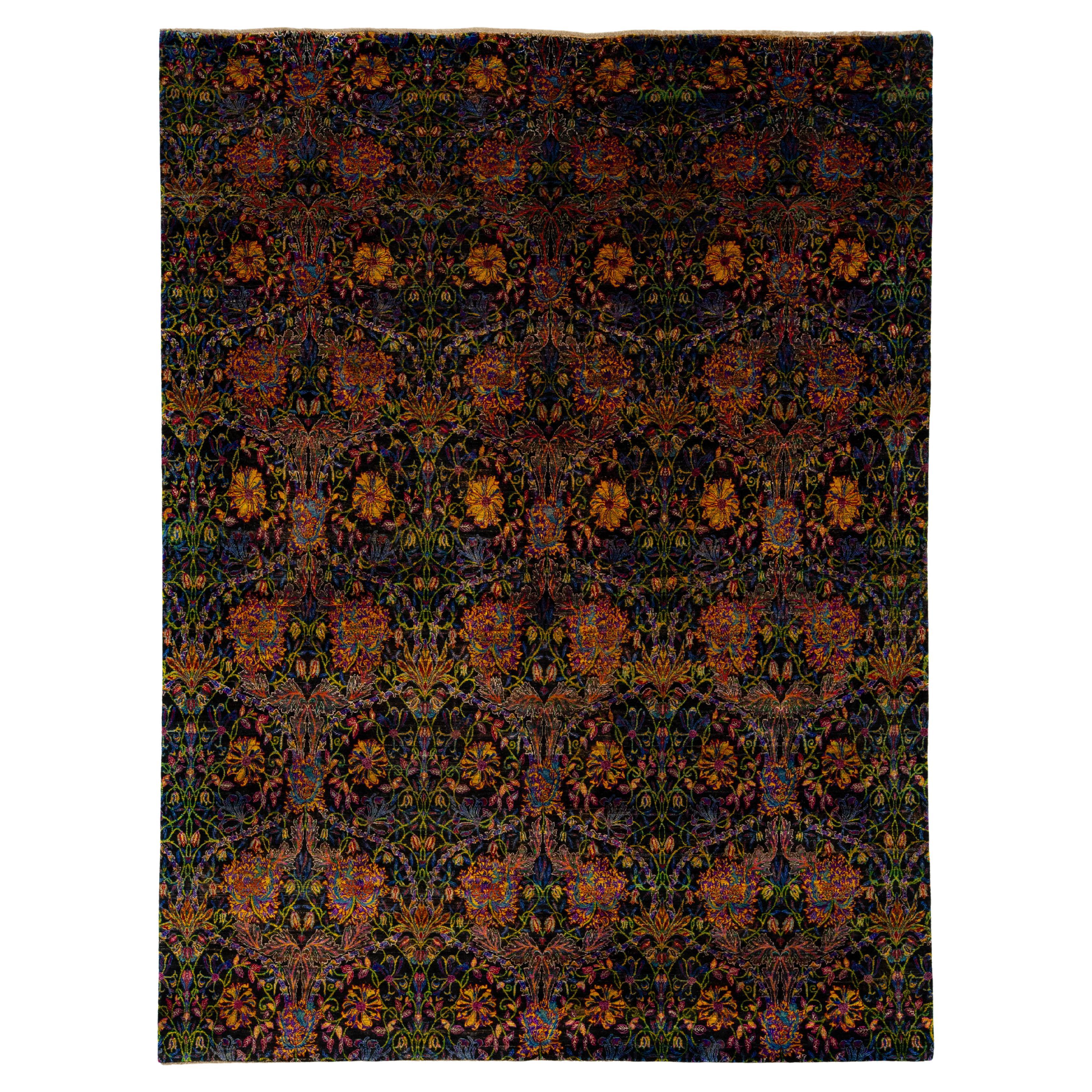Contemporary Room Size Sari Silk Rug With Multicolored Floral Design