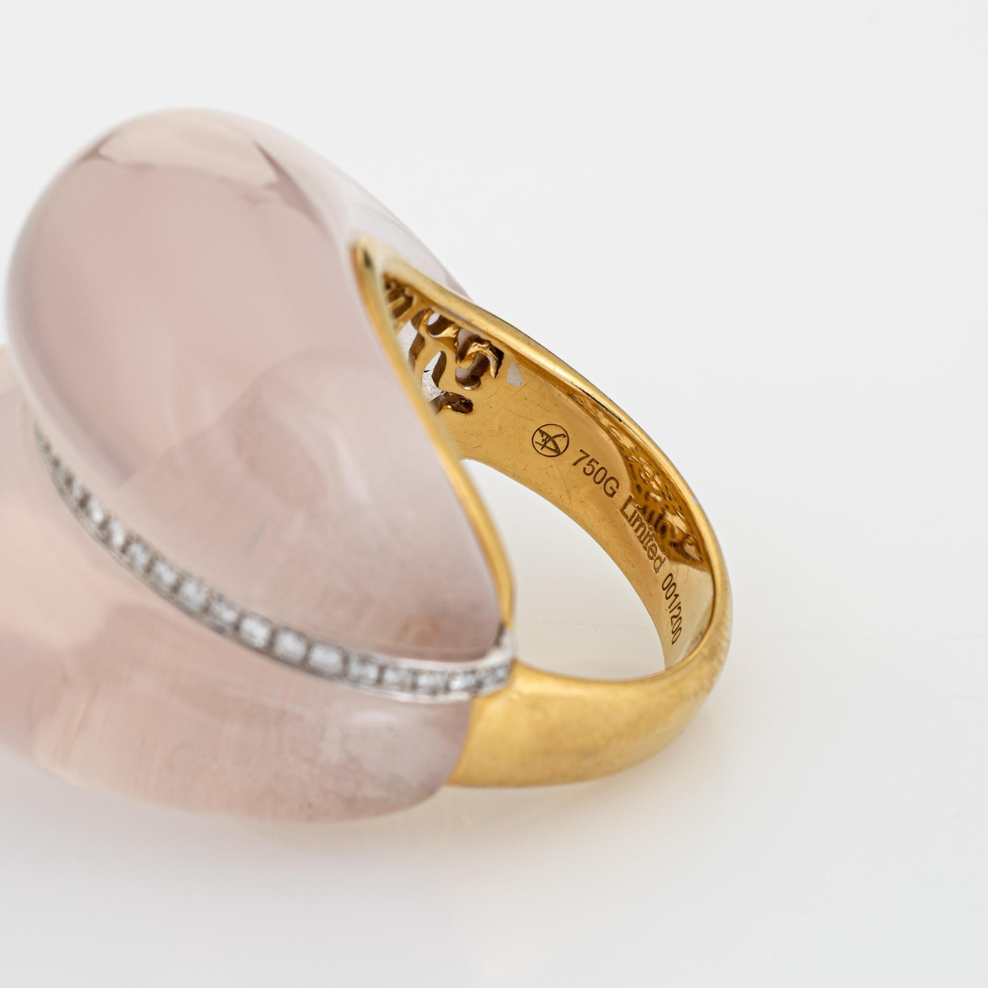 Contemporary Rose Quartz Diamond Ring Estate 18k Yellow Gold Limited Edition For Sale 2