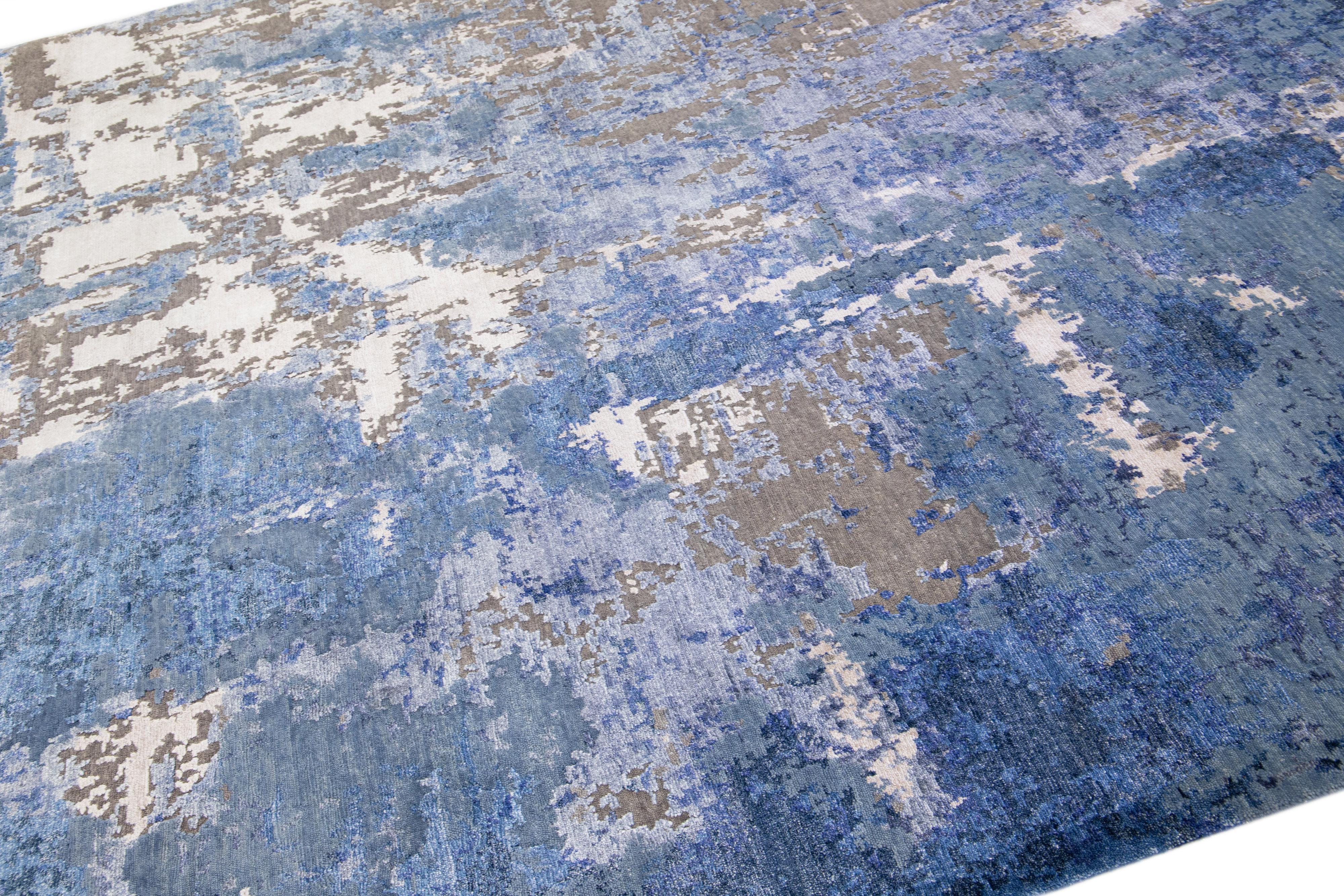 Modern Contemporary Rosewood Wool & Silk Abstract Rug in Blue  For Sale