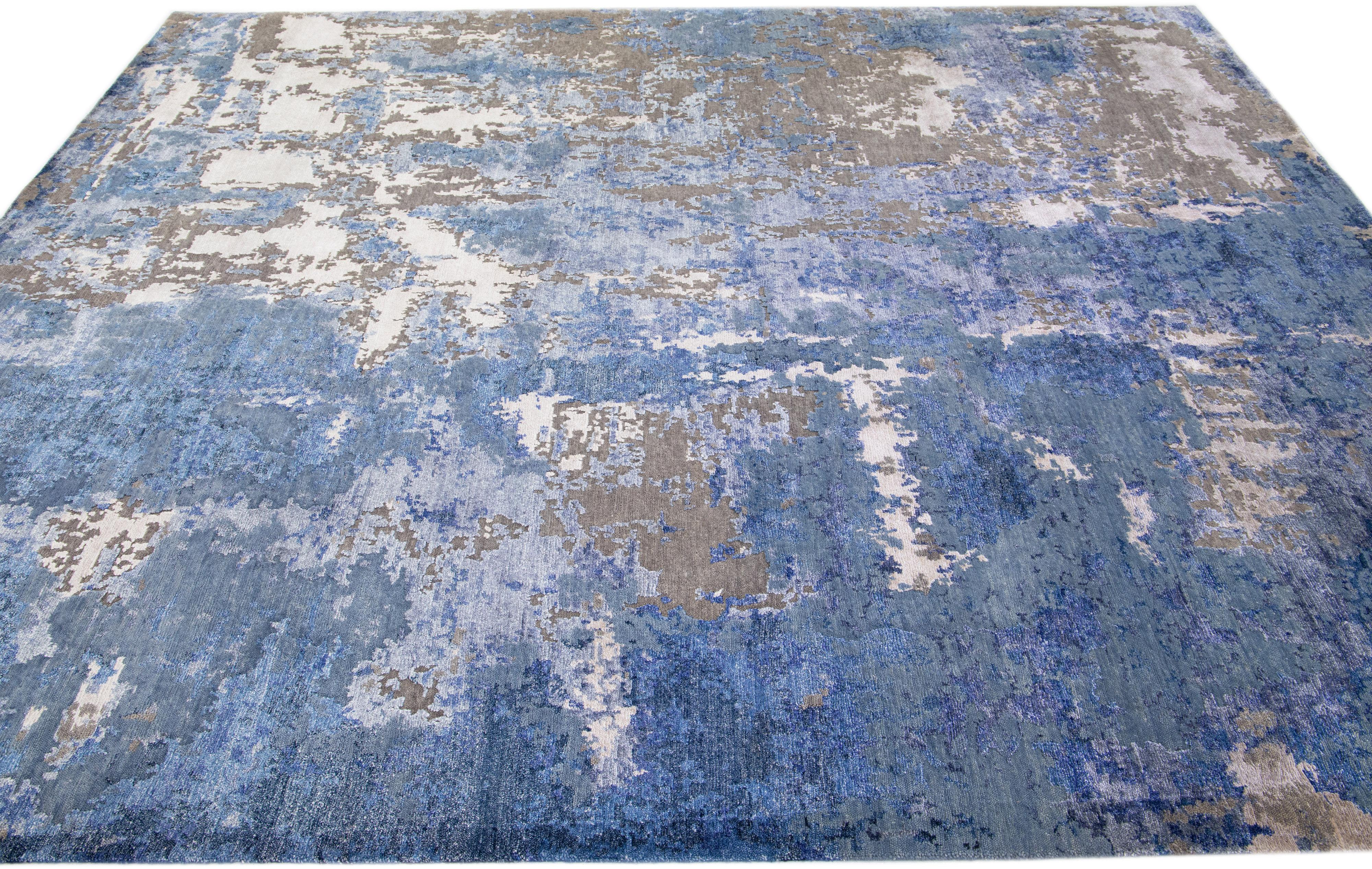 Indian Contemporary Rosewood Wool & Silk Abstract Rug in Blue For Sale