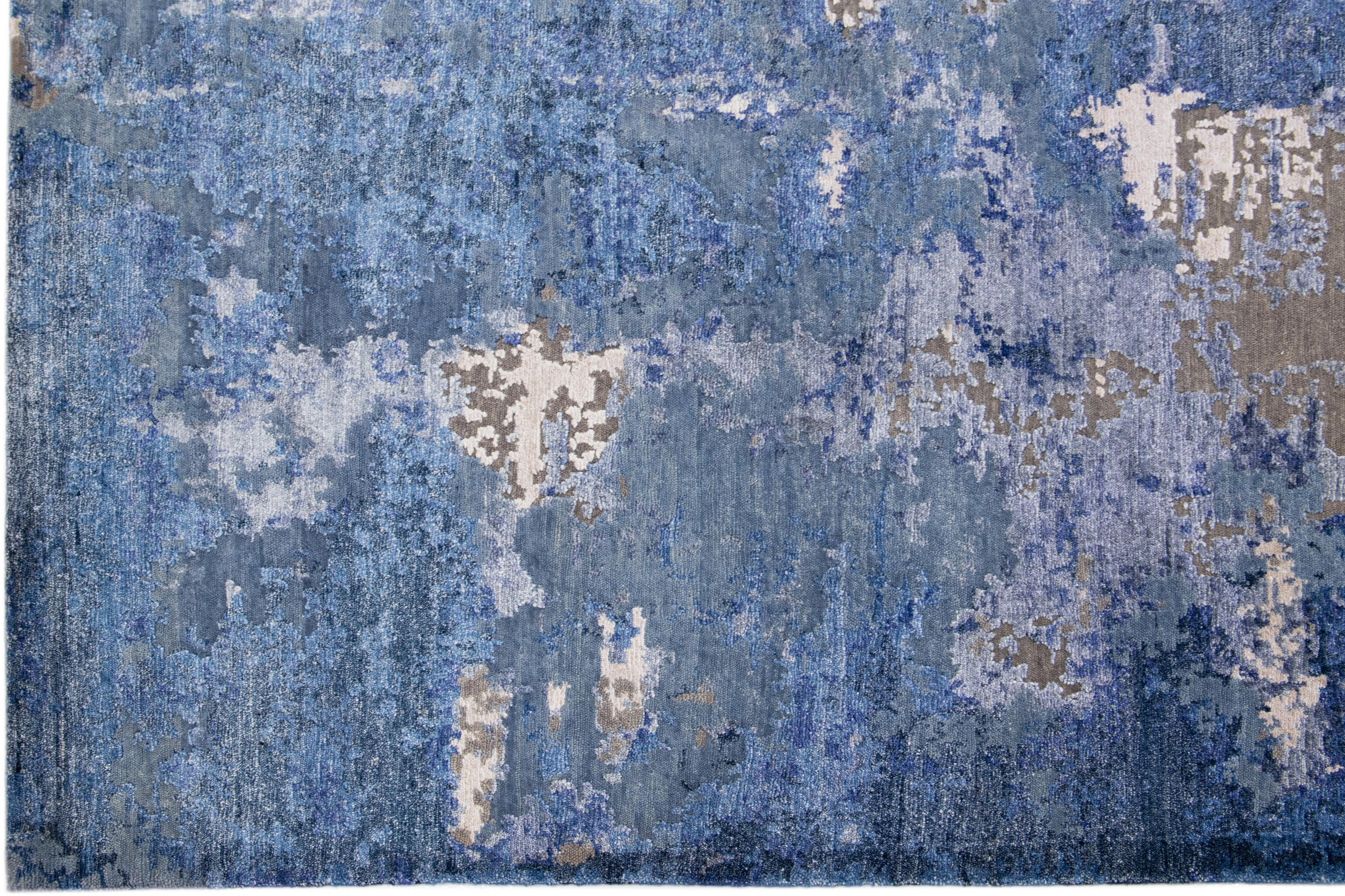 Hand-Knotted Contemporary Rosewood Wool & Silk Abstract Rug in Blue  For Sale