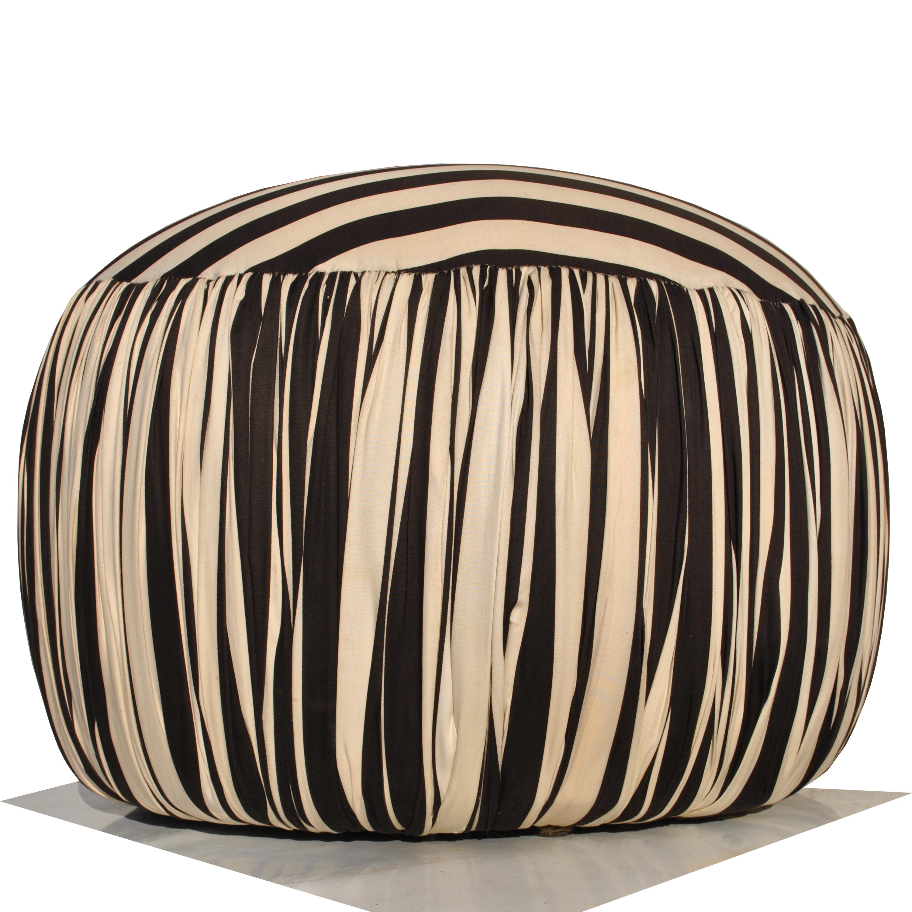 Fabric Contemporary Round Black And White Pouf Ottoman For Sale