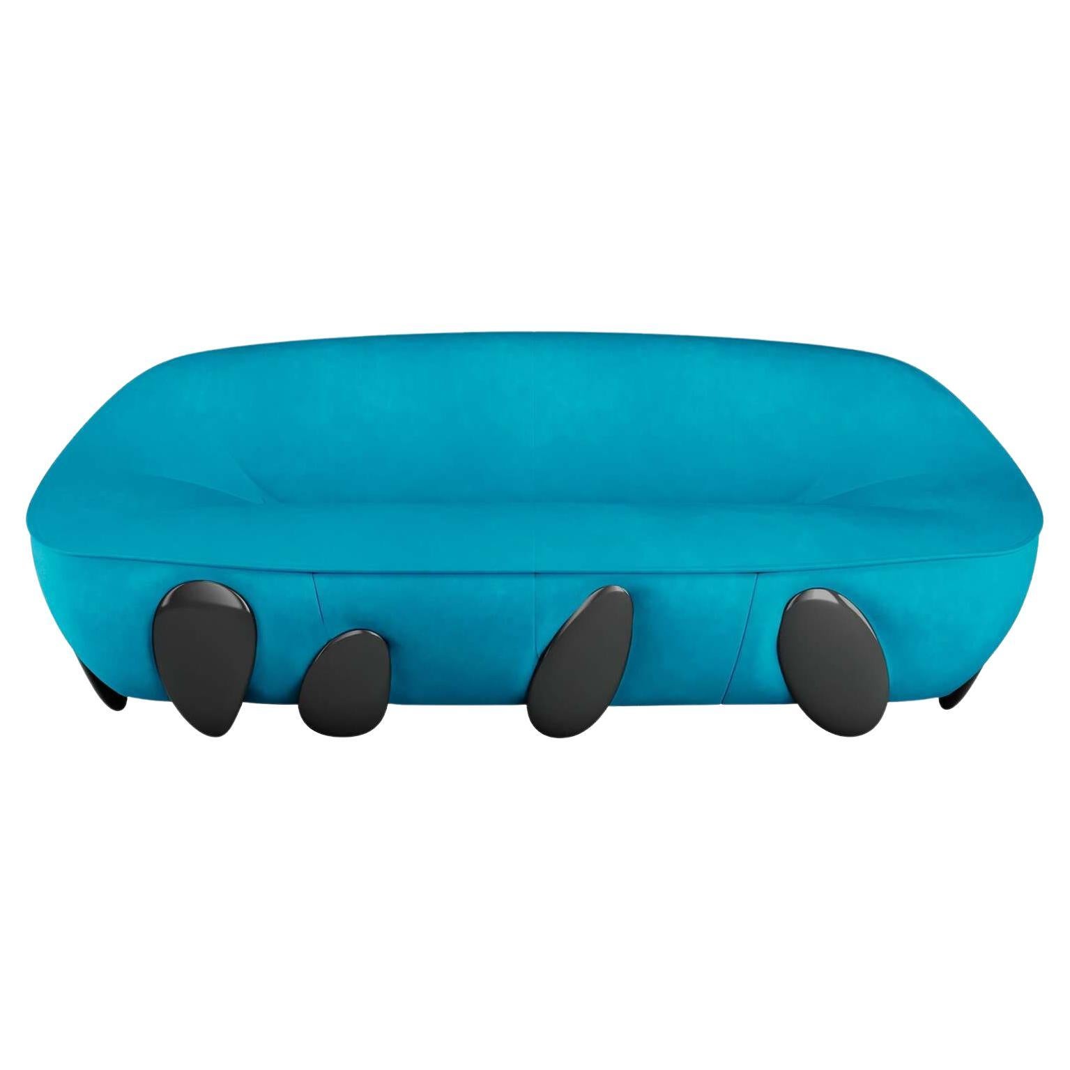Contemporary Round Blue Velvet Sofa with Black Lacquered Legs For Sale
