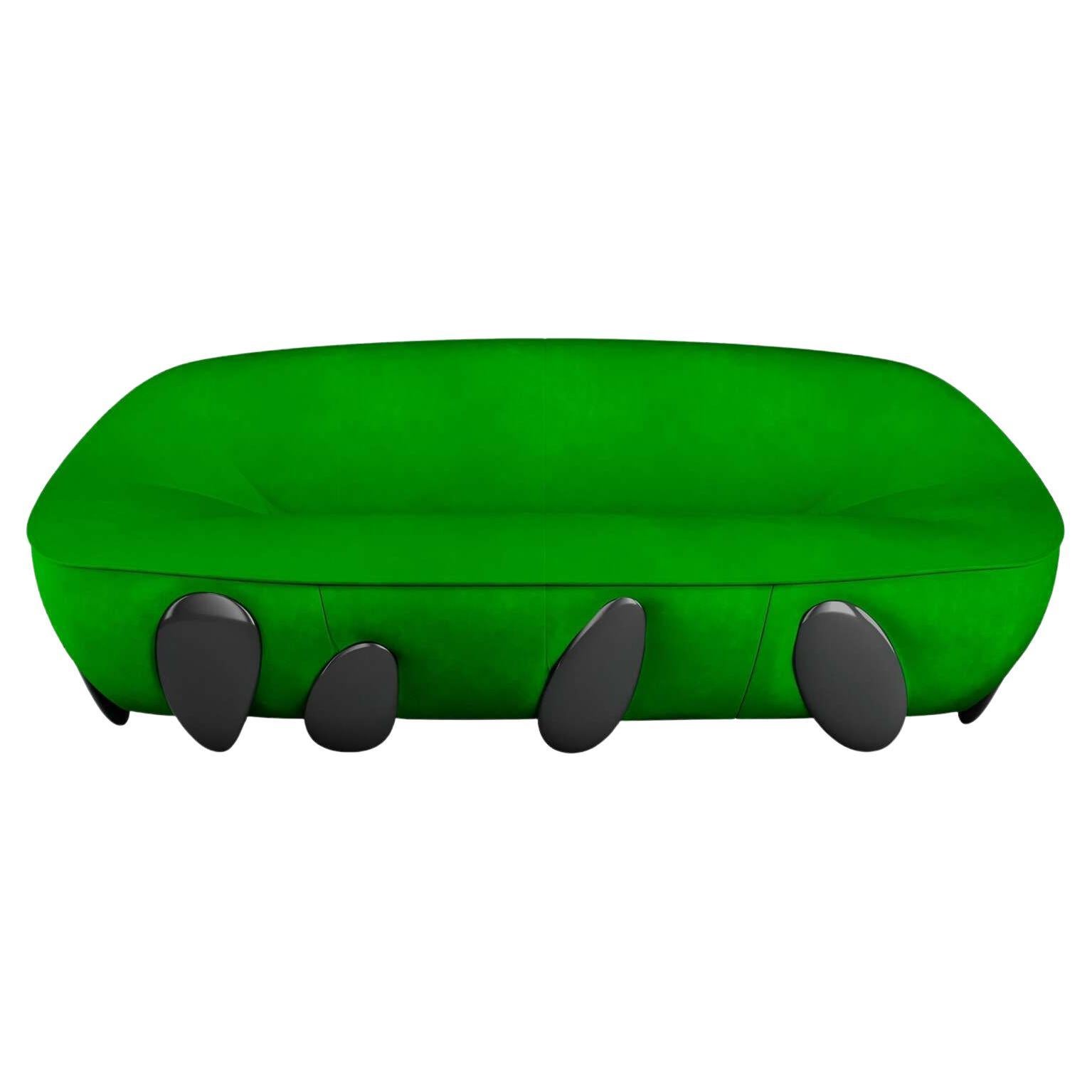 Contemporary Round Bottega Green Velvet Sofa with Black Lacquered Legs For Sale