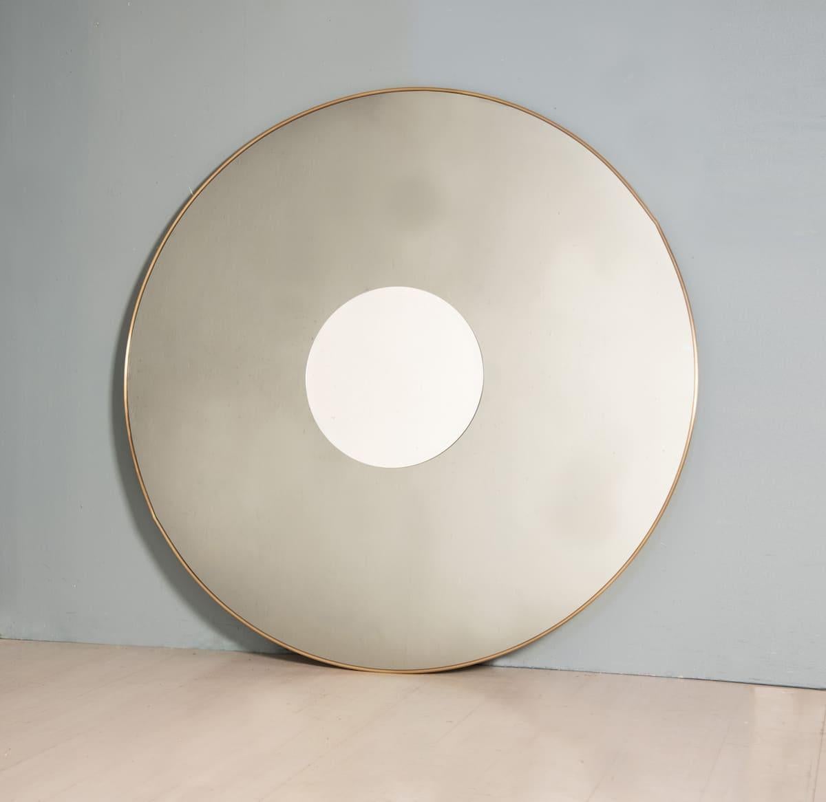 Art Deco Contemporary Round Brass Frame with Classic and Smoke Double Miirror diam. 160cm For Sale