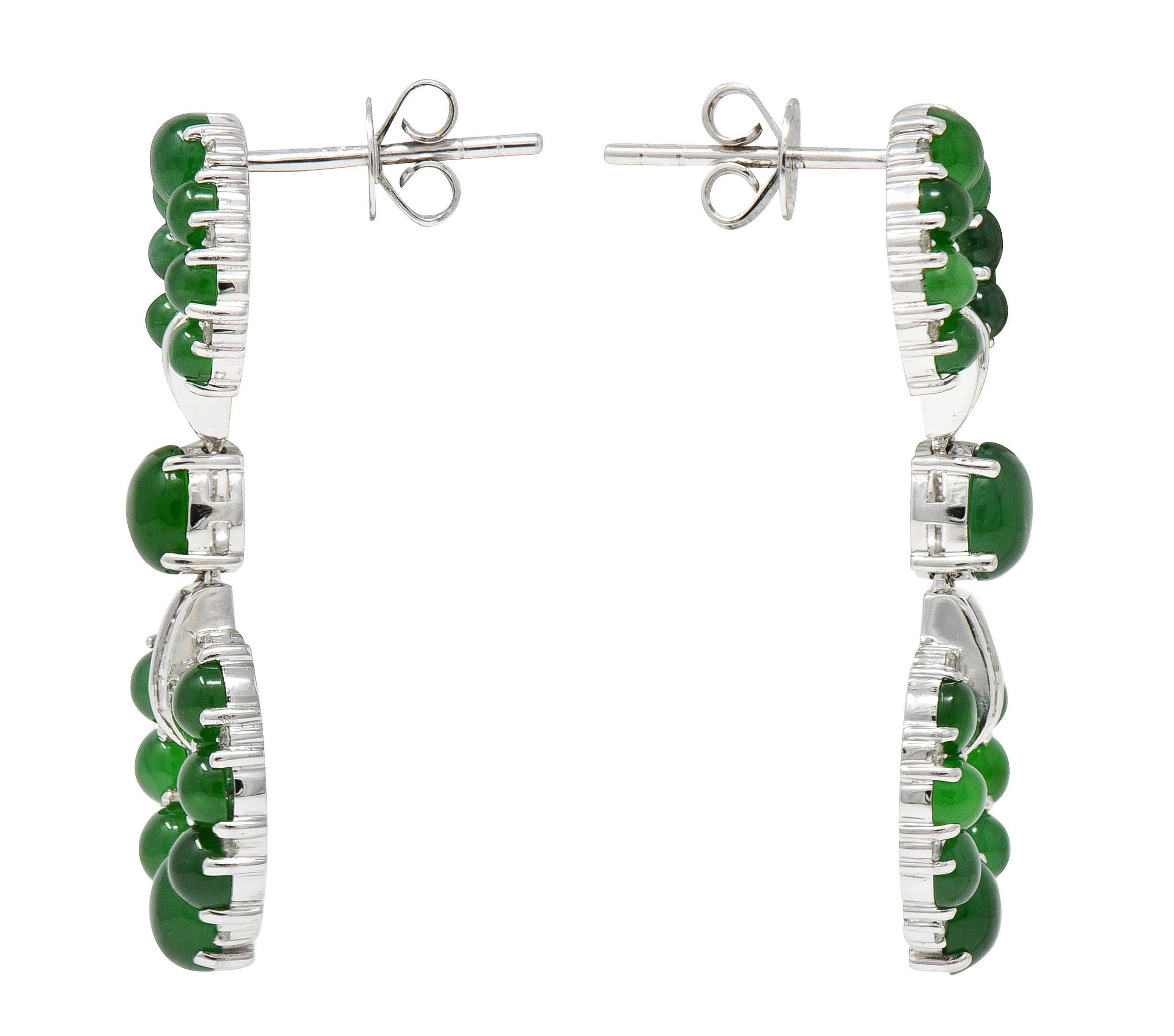 Round Cut Contemporary Round Brilliant Cut Diamond Jade 18 Karat White Gold Drop Earrings For Sale