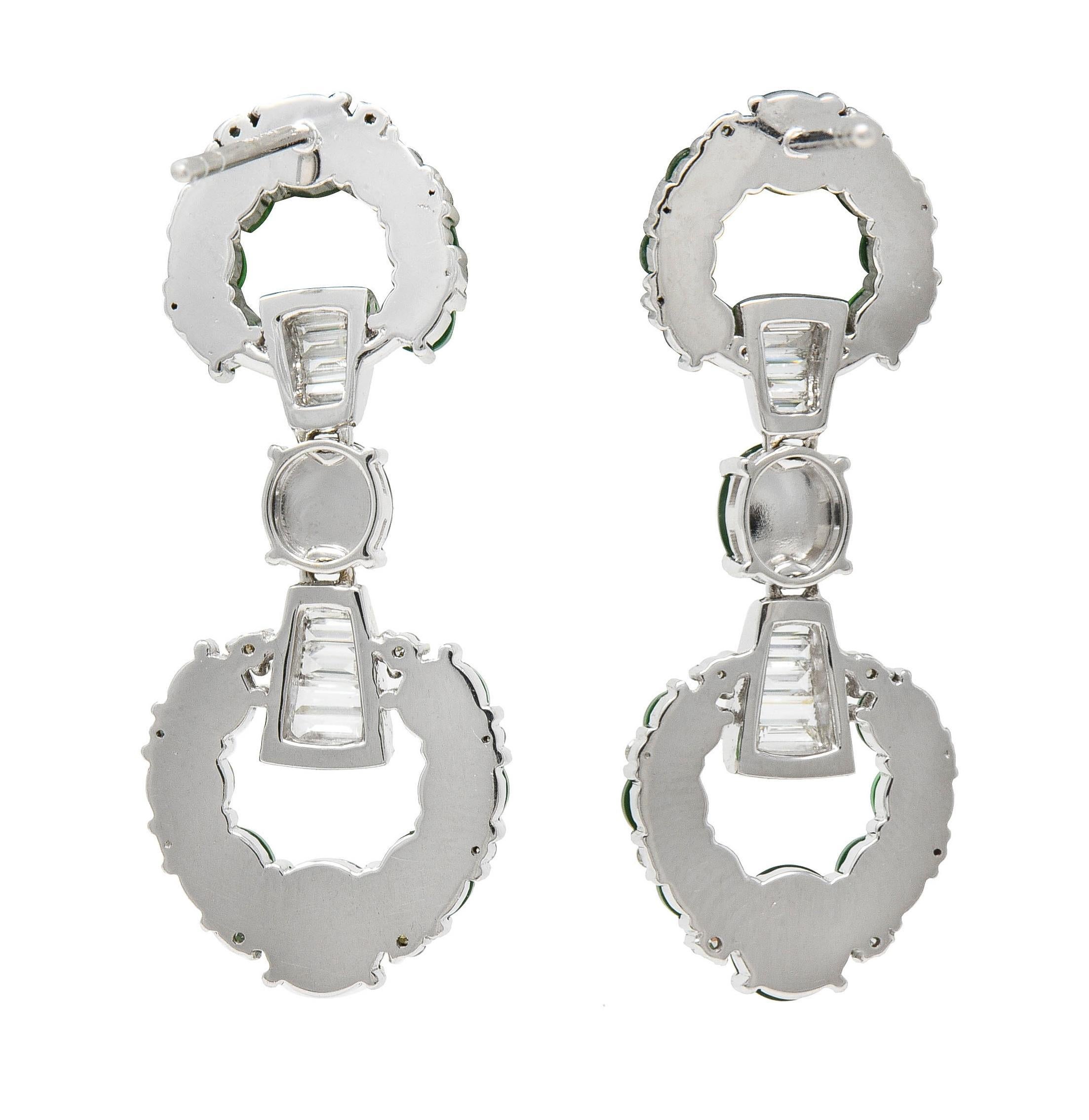 Contemporary Round Brilliant Cut Diamond Jade 18 Karat White Gold Drop Earrings In Excellent Condition For Sale In Philadelphia, PA