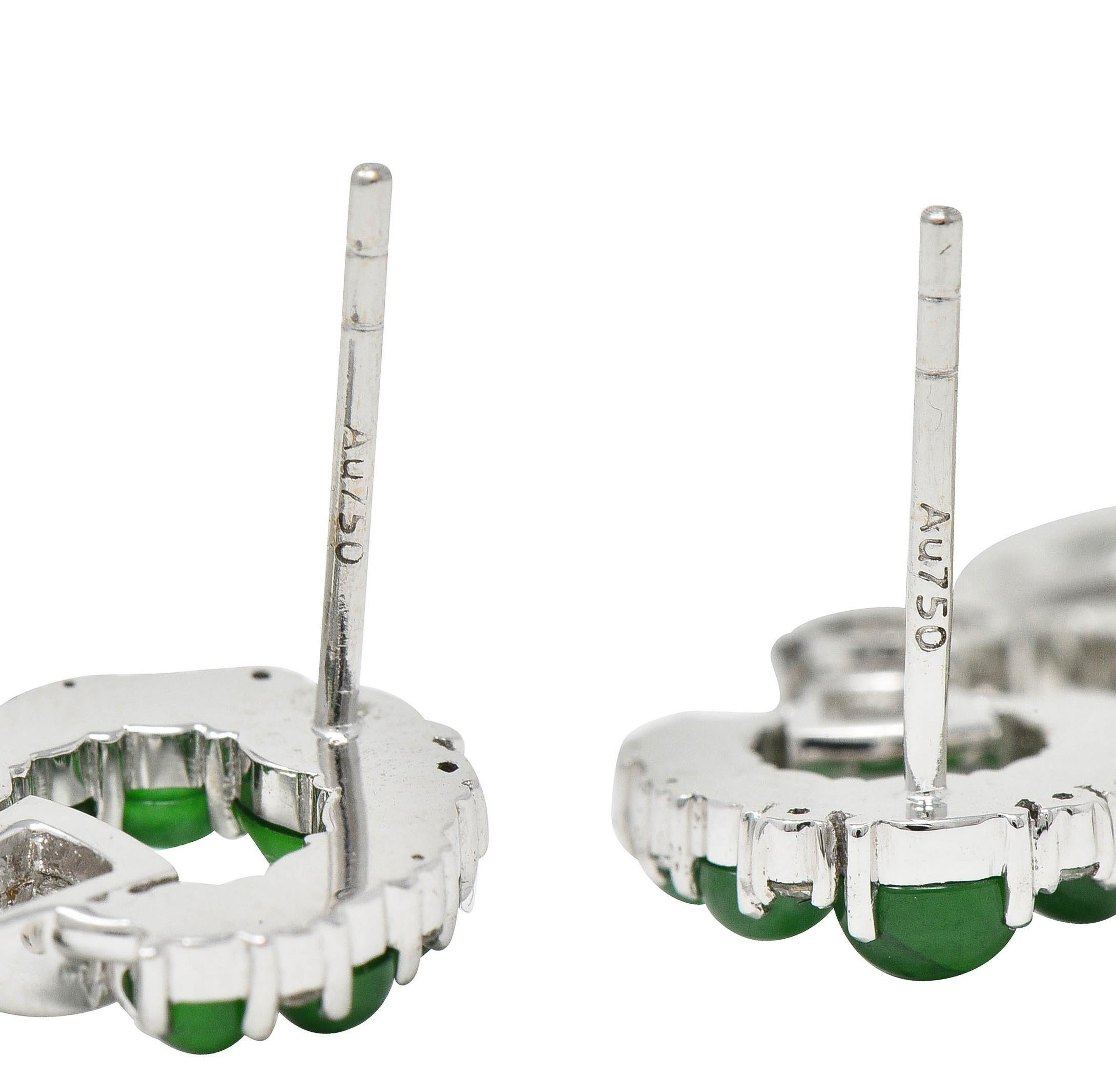 Contemporary Round Brilliant Cut Diamond Jade 18 Karat White Gold Drop Earrings For Sale 1