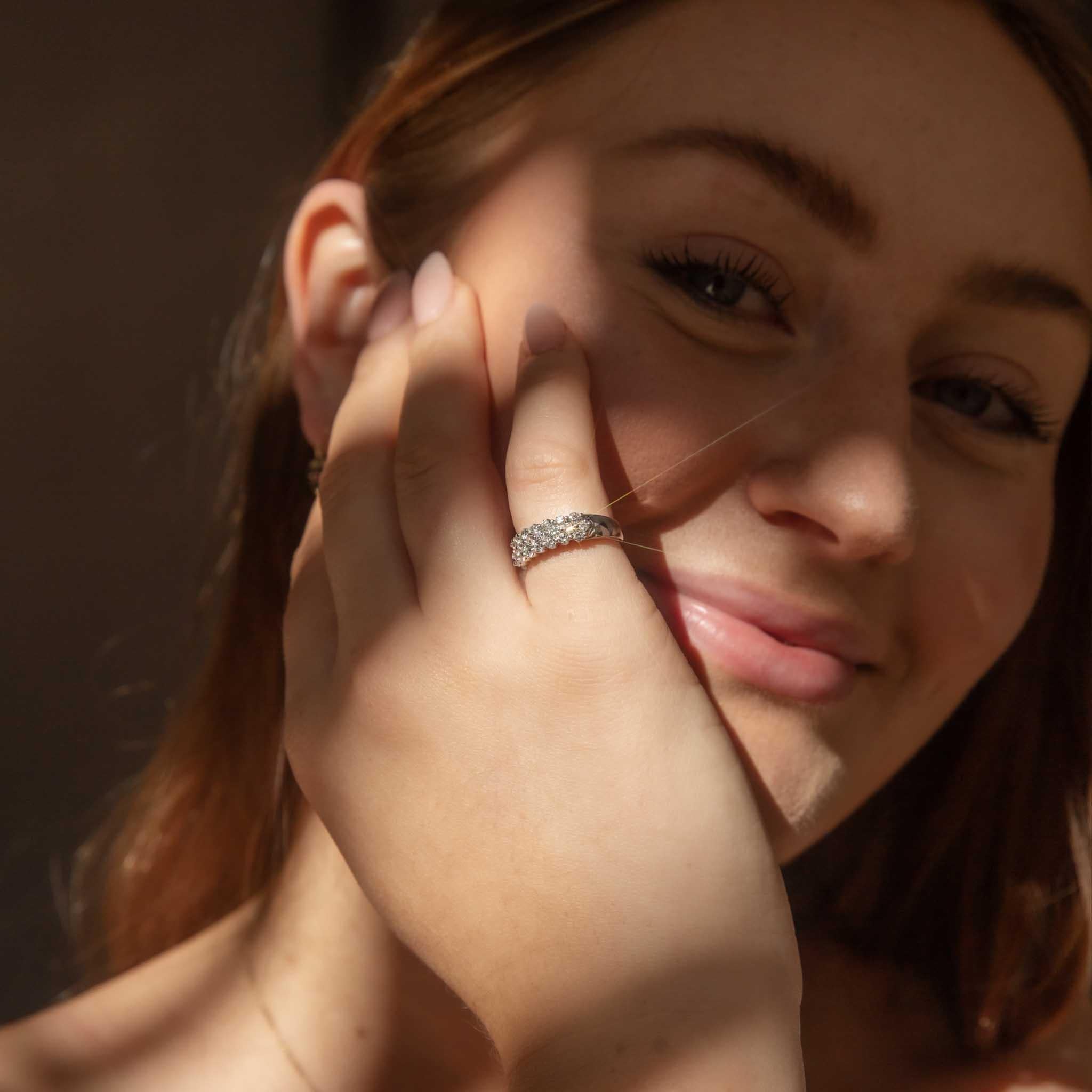 Crafted in 18 carat white gold, our Delores Ring is a vision of row upon row of shimmering diamonds.  A lovely gift for someone special. 

The Delores Gem Details
The twenty two round brilliant cut diamonds are estimated to weigh 0.66 carats, are H