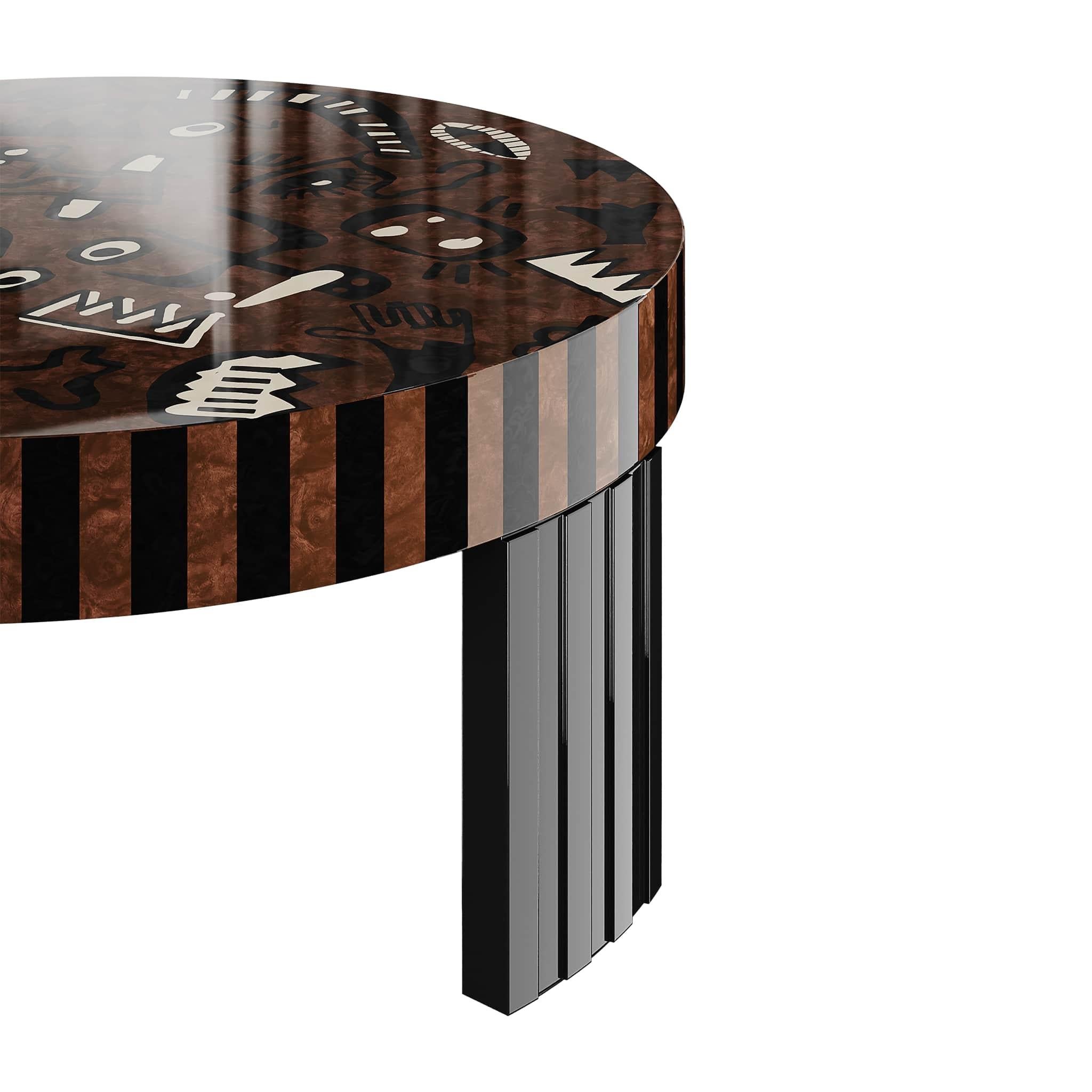 Glazed Contemporary Round Center Coffee Table Modern Abstract Lines Wood Marquetry  For Sale