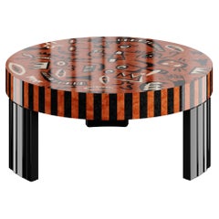 Contemporary Round Center Coffee Table in Wood Marquetry Basquiat Print Inspired