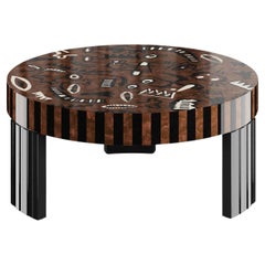 Contemporary Round Center Coffee Table Modern Abstract Lines Wood Marquetry 