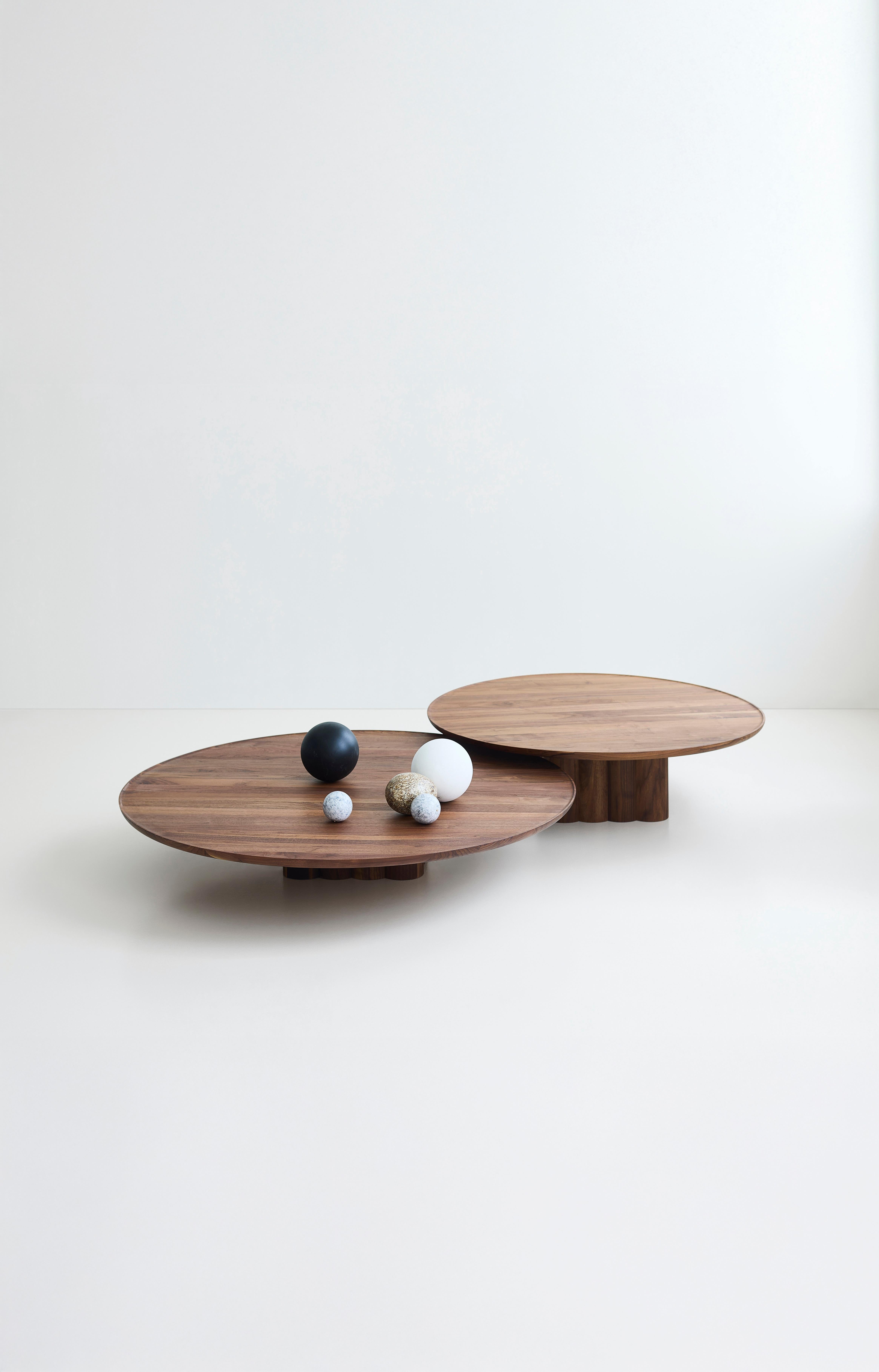 Scandinavian Modern Contemporary Round Coffee Table Plush by DK3, Low, Lacquered Oak, 110 cm For Sale