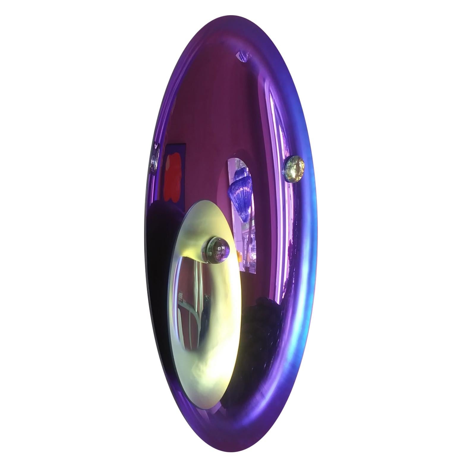 Hand-Crafted Contemporary Round Concave Mirror in Blue and Yellow Glass made in France