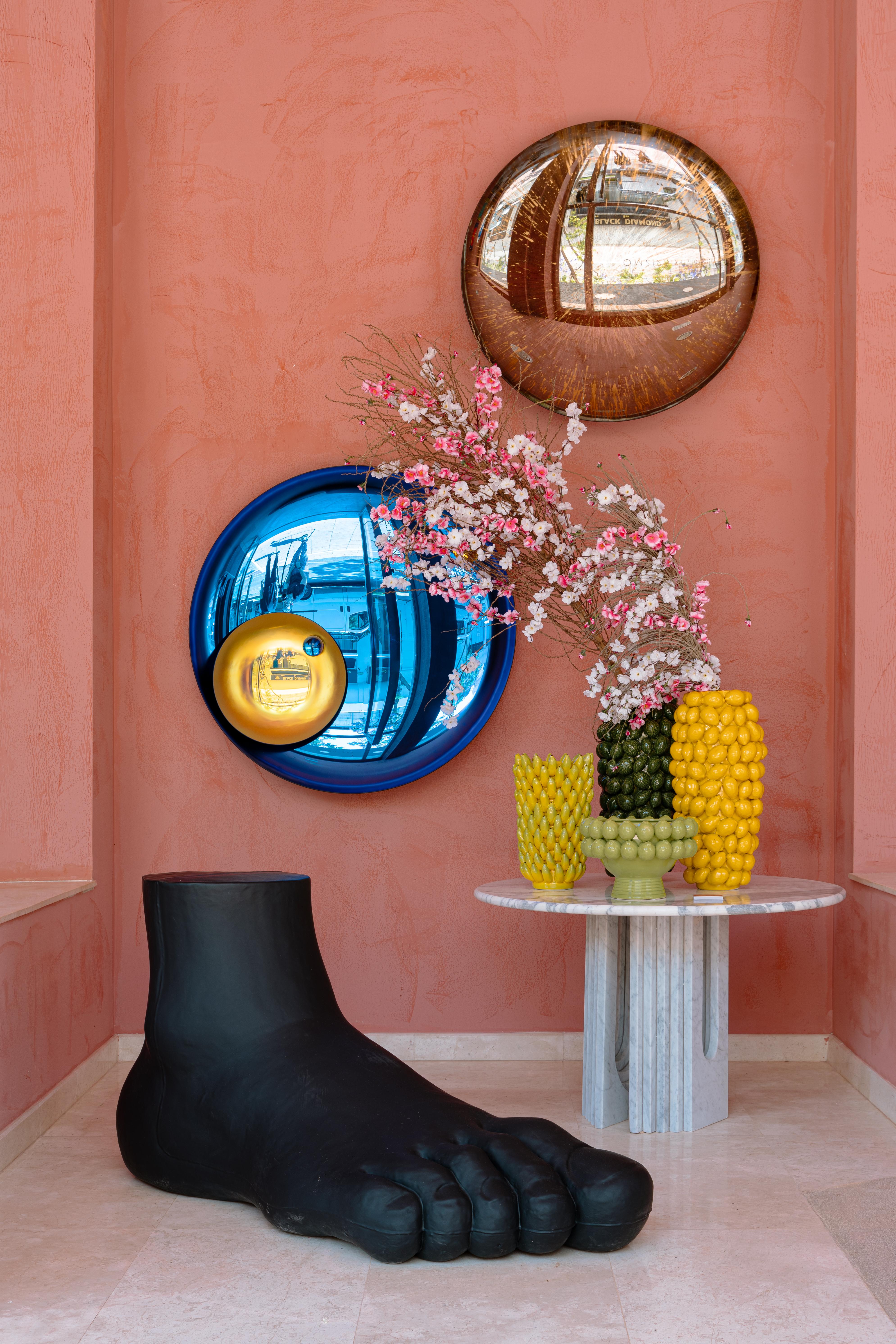 Contemporary Round Concave Mirror in Blue and Yellow Glass made in France  1