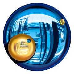 Contemporary Round Concave Mirror in Blue and Yellow Glass made in France 