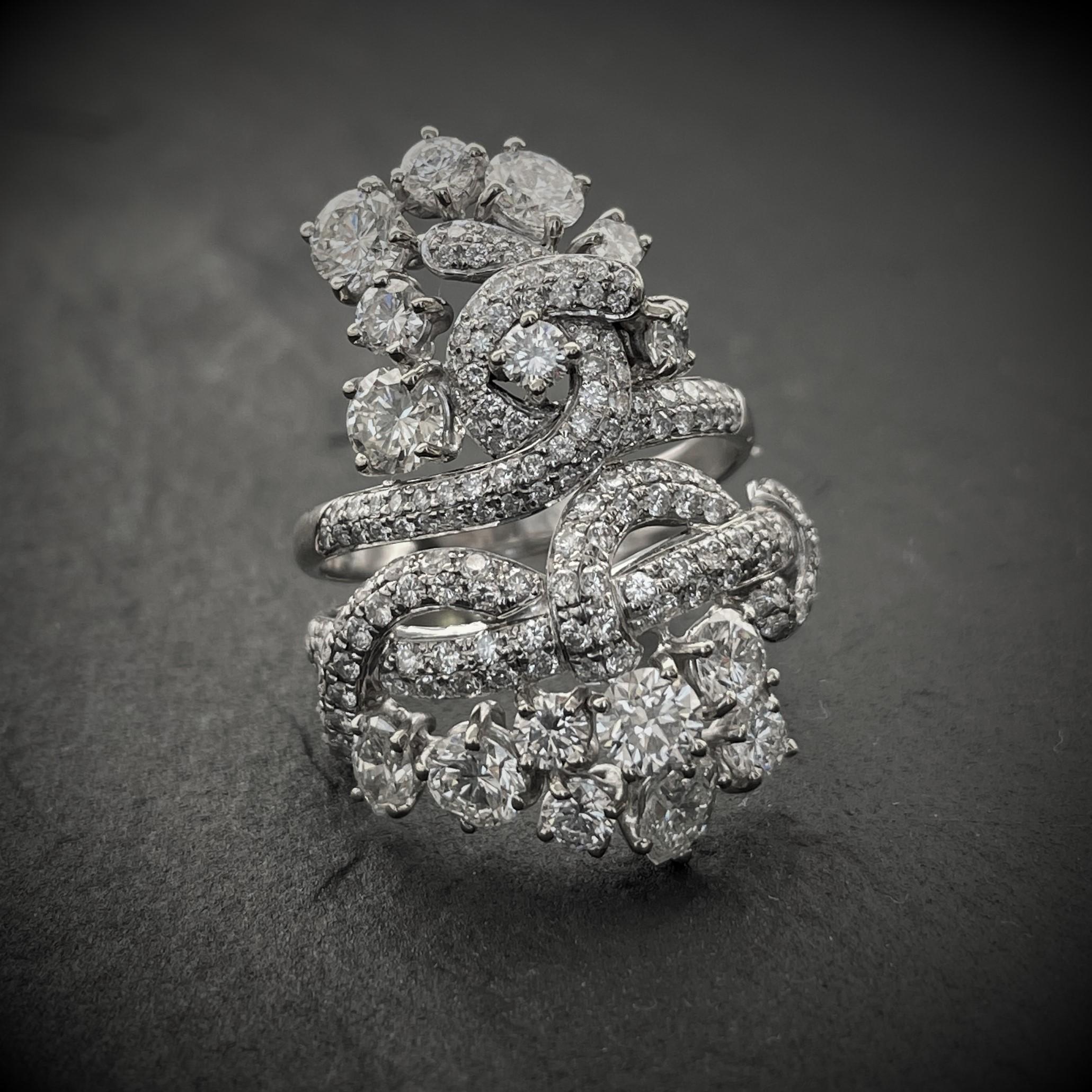 Contemporary Rosior one-off Round Cut Diamond Cocktail Ring set in White Gold and Platinum 