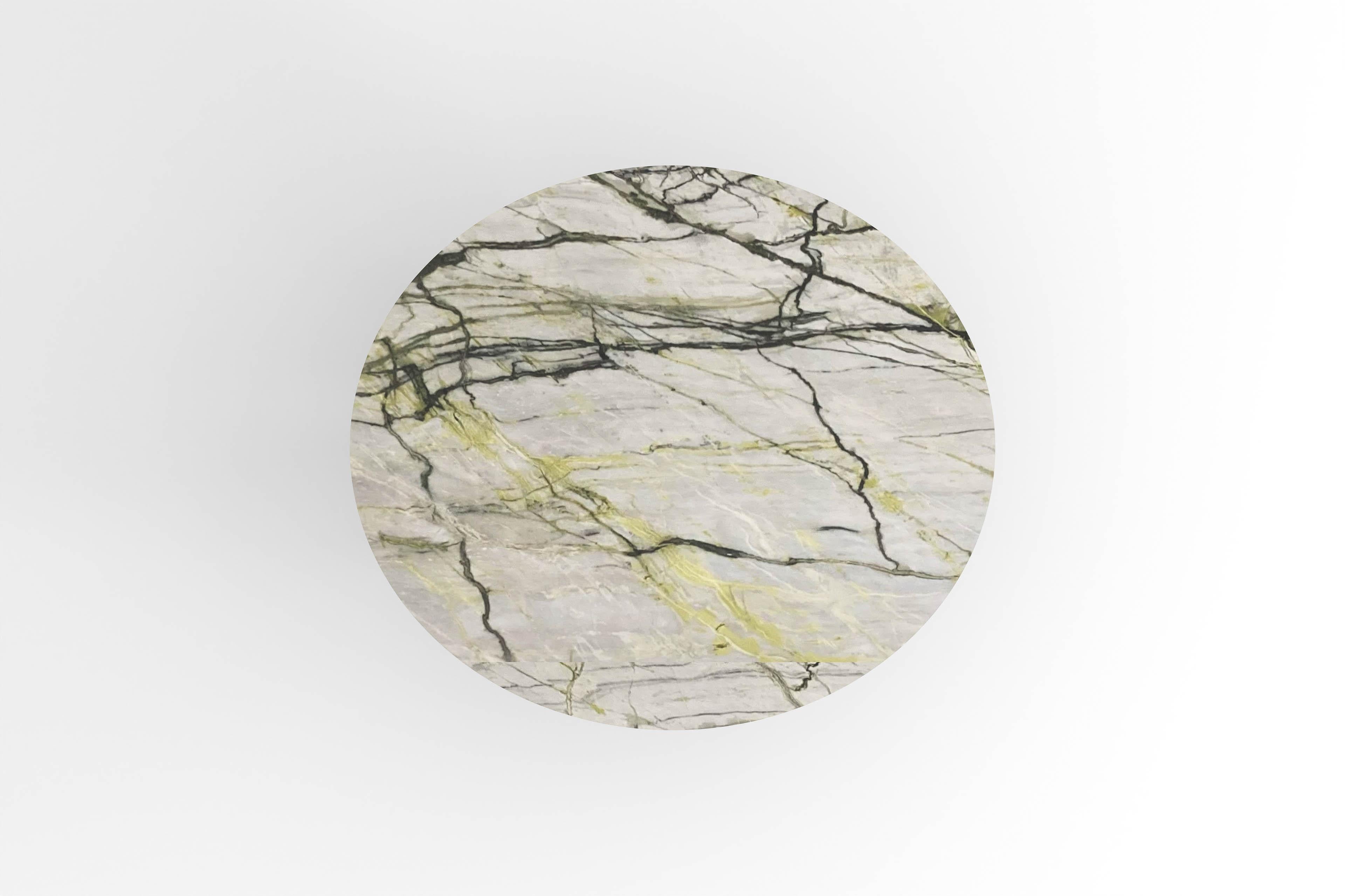 Contemporary round dining table, Calacatta Verde marble, central leg, Belgium For Sale 1
