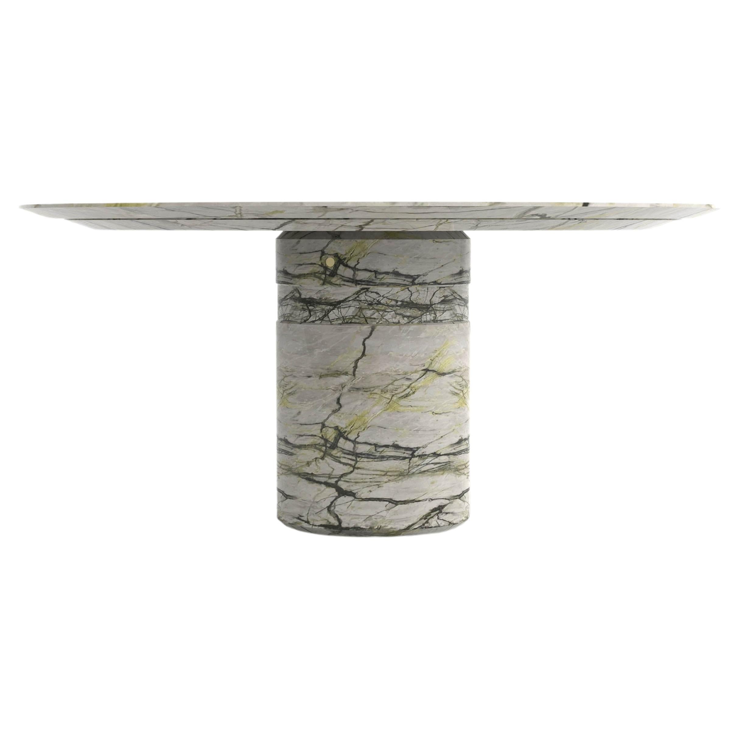 Contemporary round dining table, Calacatta Verde marble, central leg, Belgium