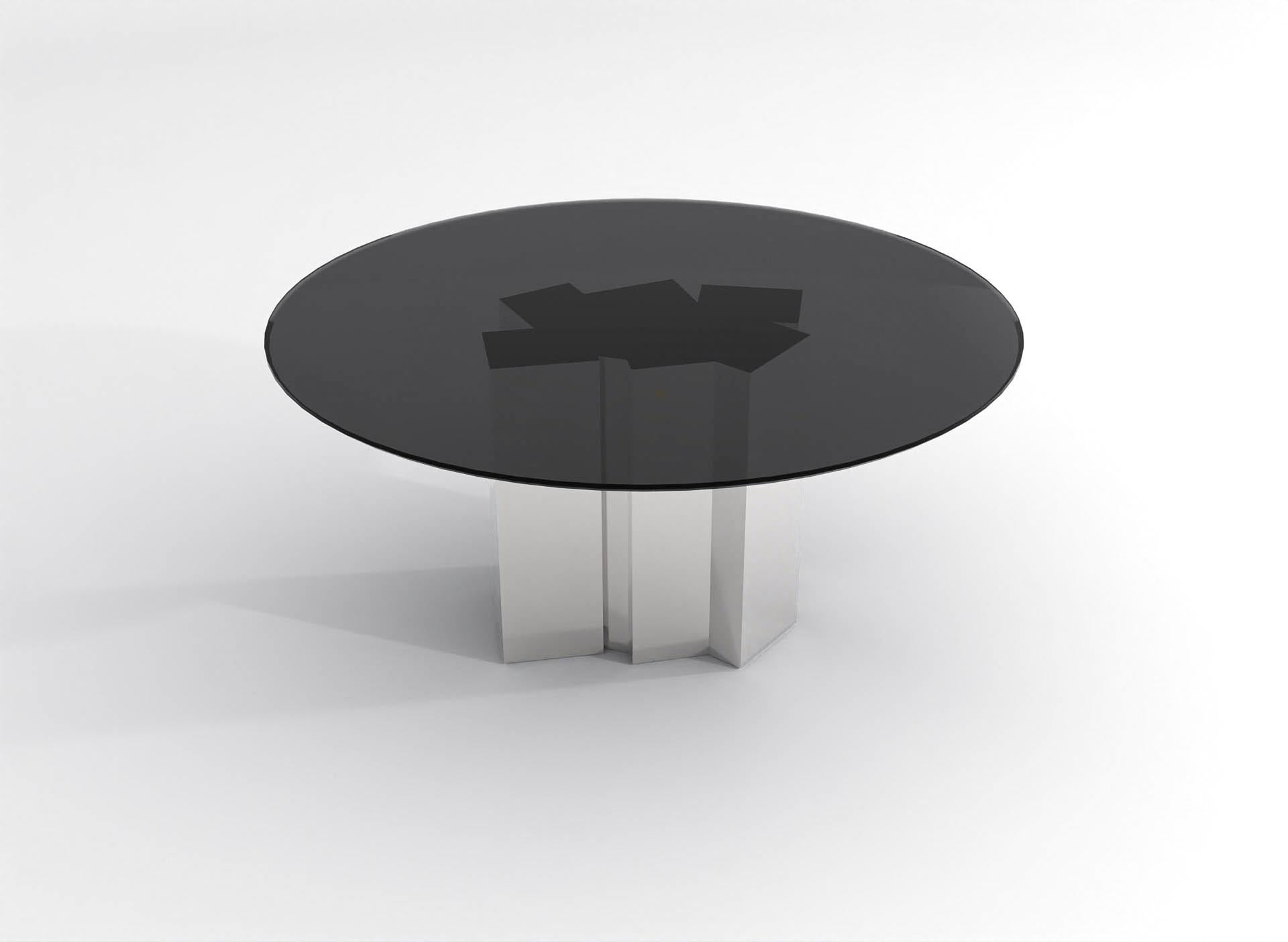 Autre Table de salle à manger ronde contemporaine en verre noir et acier inoxydable poli en vente