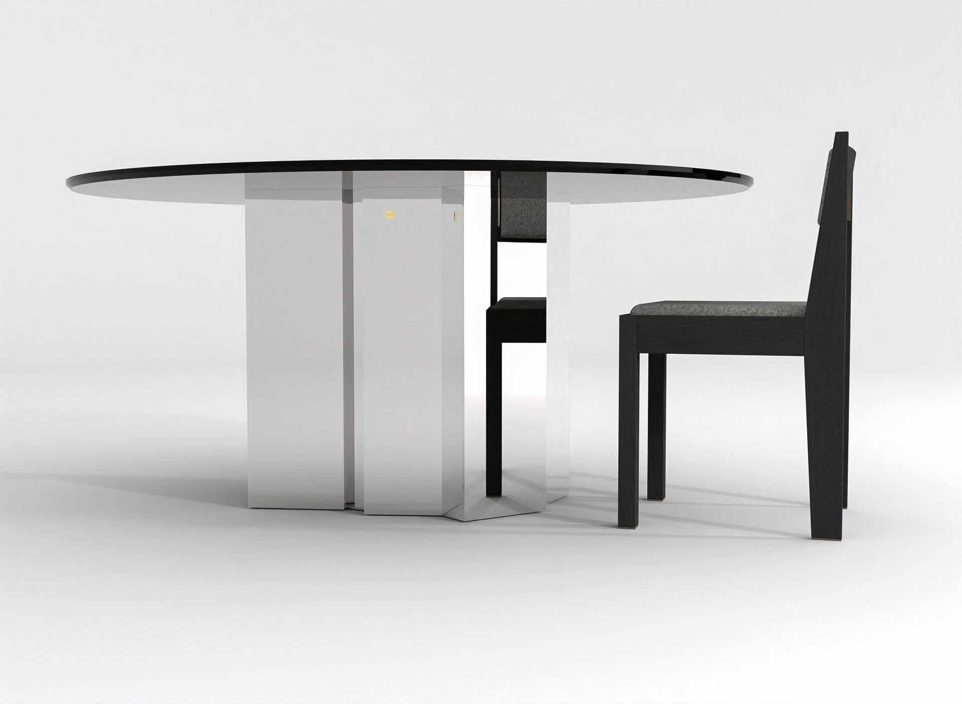Tacheté Table de salle à manger ronde contemporaine en verre noir et acier inoxydable poli en vente