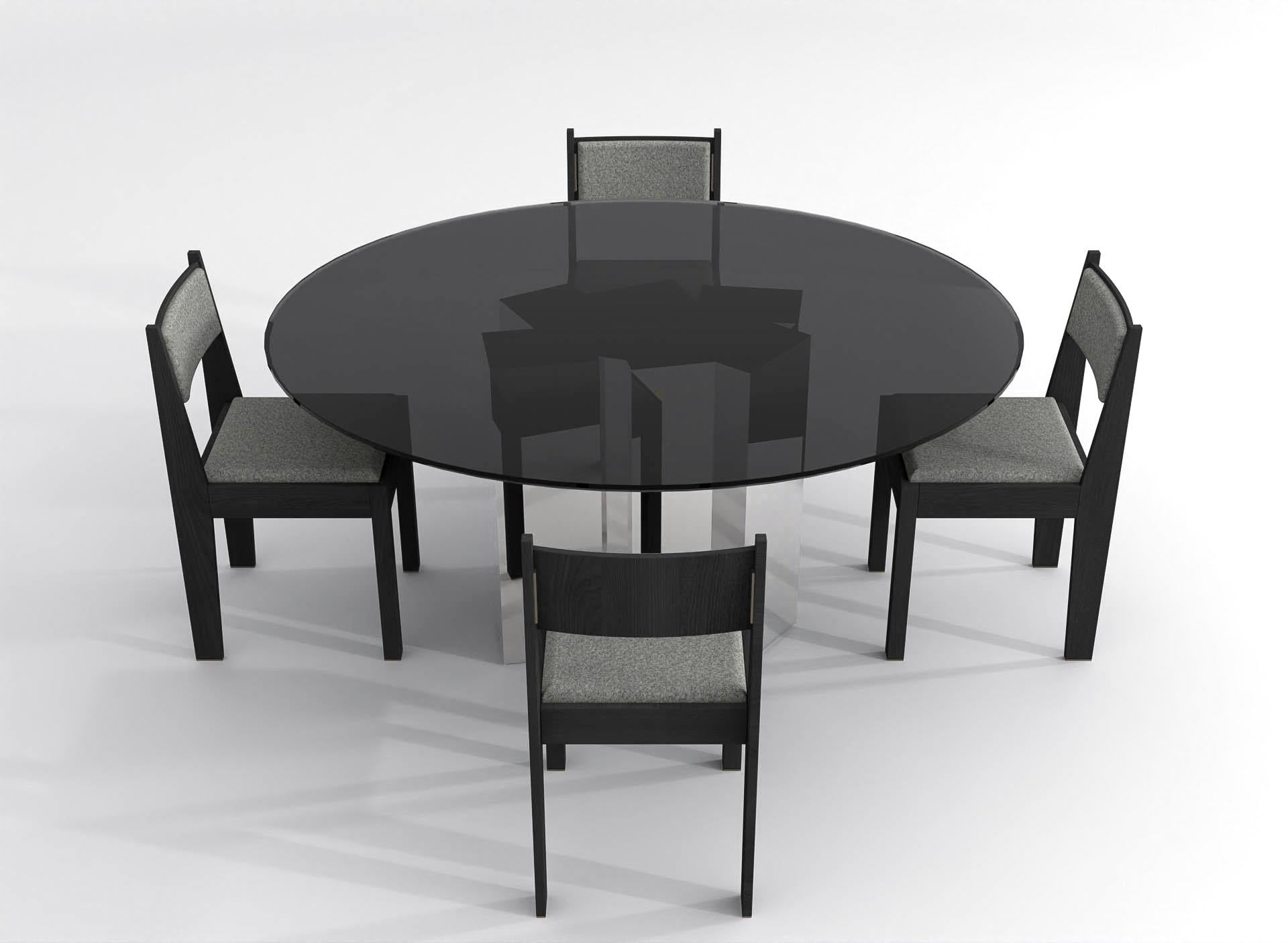 Wood Contemporary Round Dining Table in Black Glass and High Polished Stainless Steel For Sale