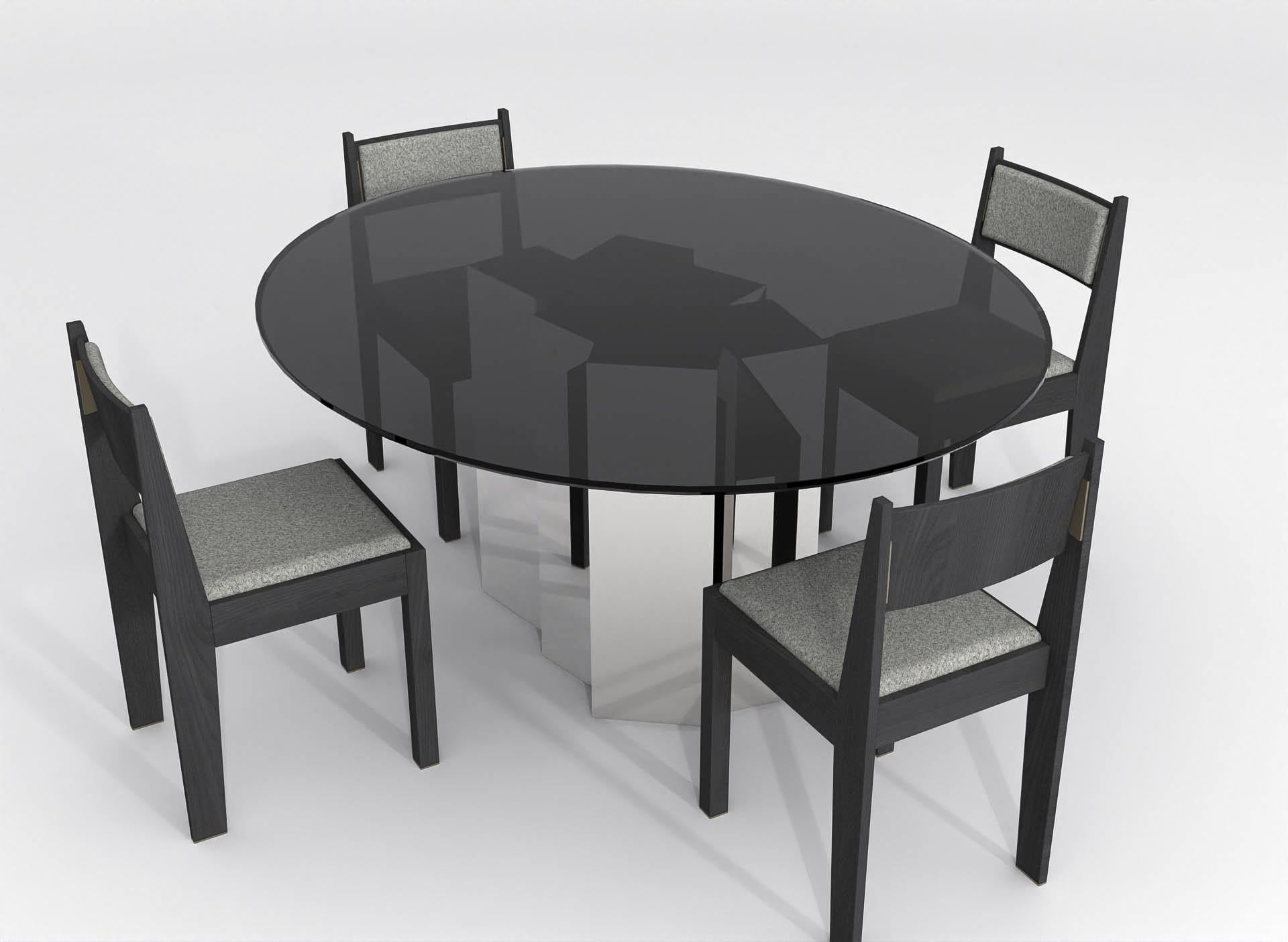 Contemporary Round Dining Table in Black Glass and High Polished Stainless Steel For Sale 1