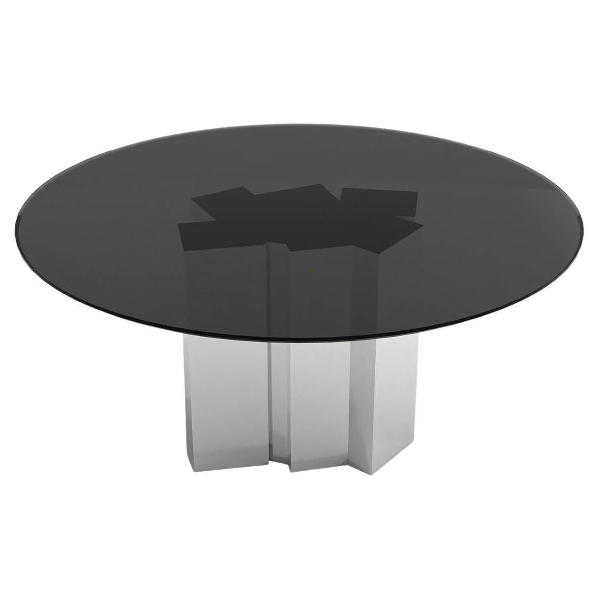 Table de salle à manger ronde contemporaine en verre noir et acier inoxydable poli en vente