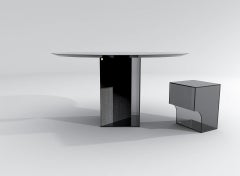 Contemporary Round Dining Table in Black Glass and Travertine, Barh Judd Table