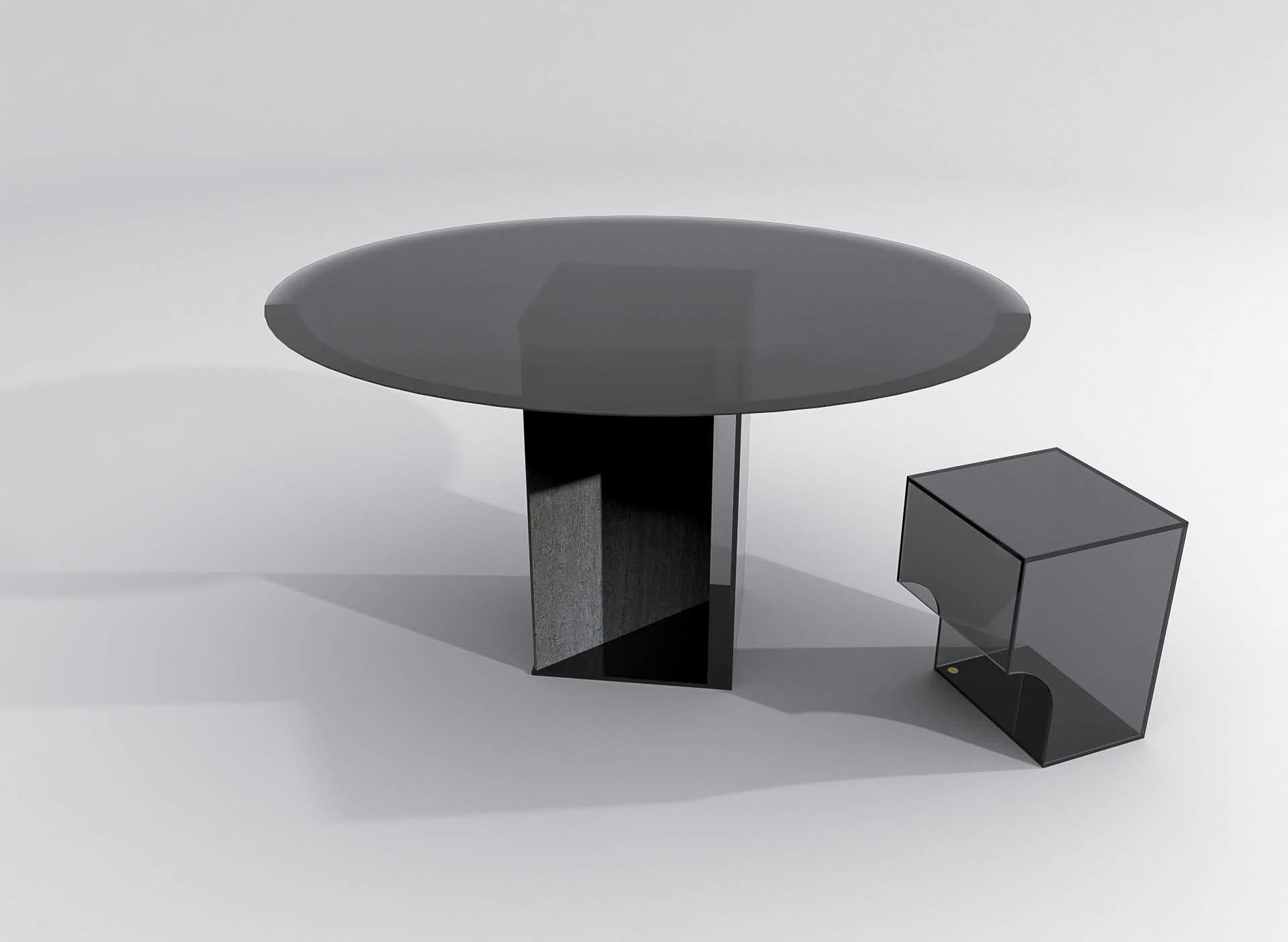Minimalist Contemporary Round Dining Table in Black Glass and Travertine, Barh Judd Table For Sale