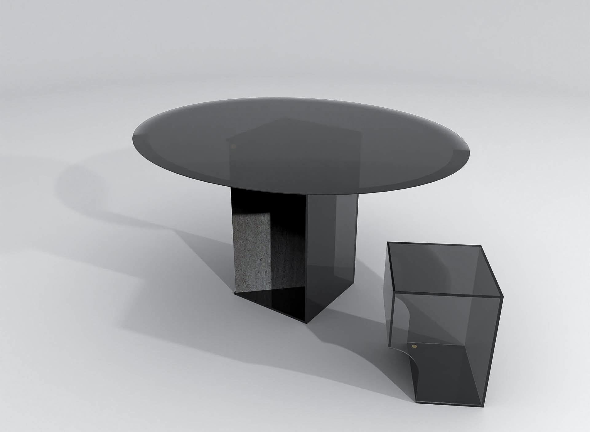 Belgian Contemporary Round Dining Table in Black Glass and Travertine, Barh Judd Table For Sale