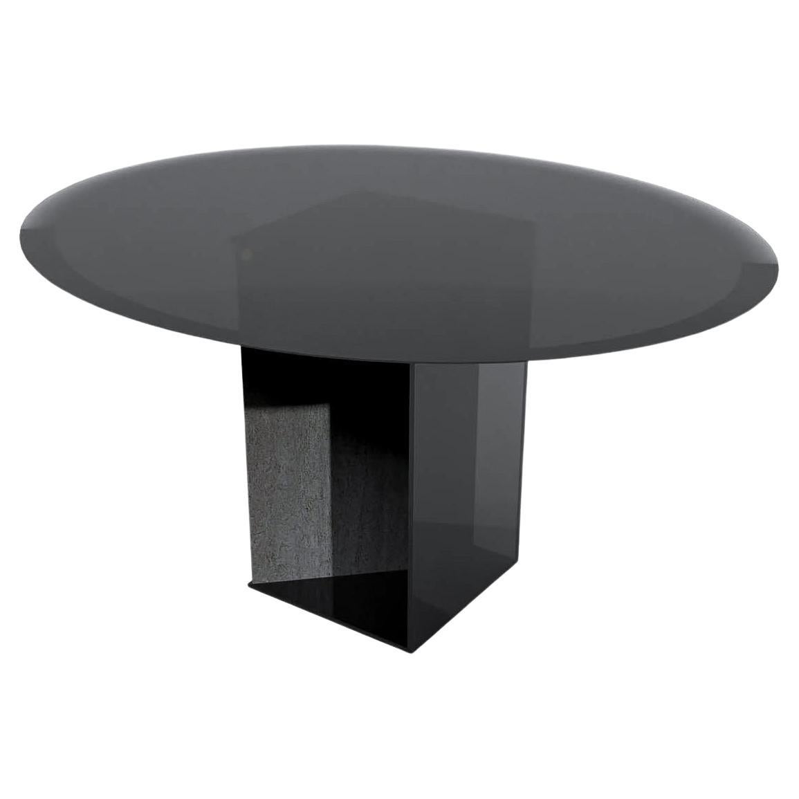 Zeitgenössischer runder Esstisch aus schwarzem Glas und Travertin, Barh Judd