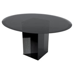 Contemporary Round Dining Table in Black Glass and Travertine, Barh Judd Table