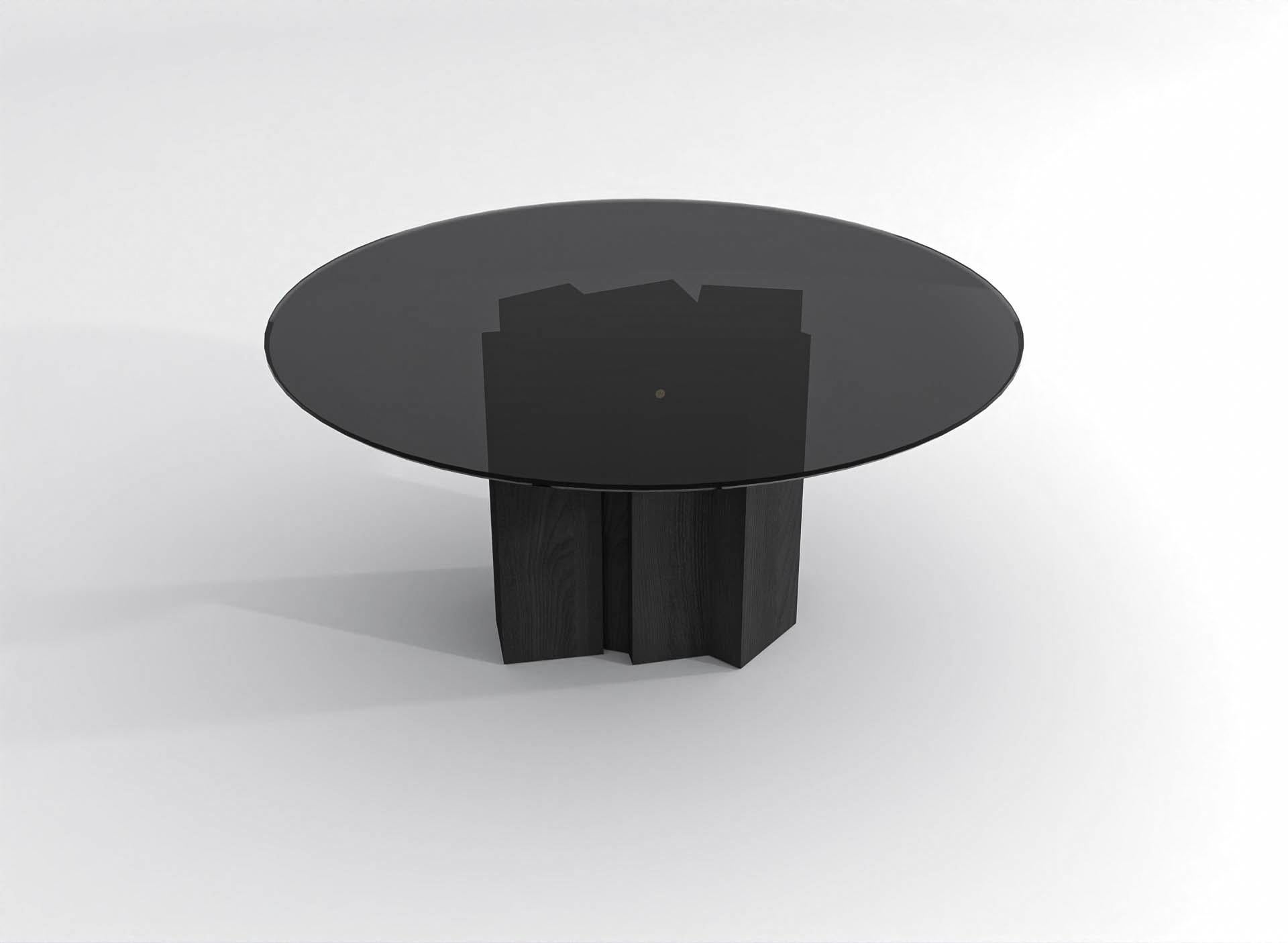 Autre Table de salle à manger ronde contemporaine en verre teinté noir et bois de frêne teinté noir en vente