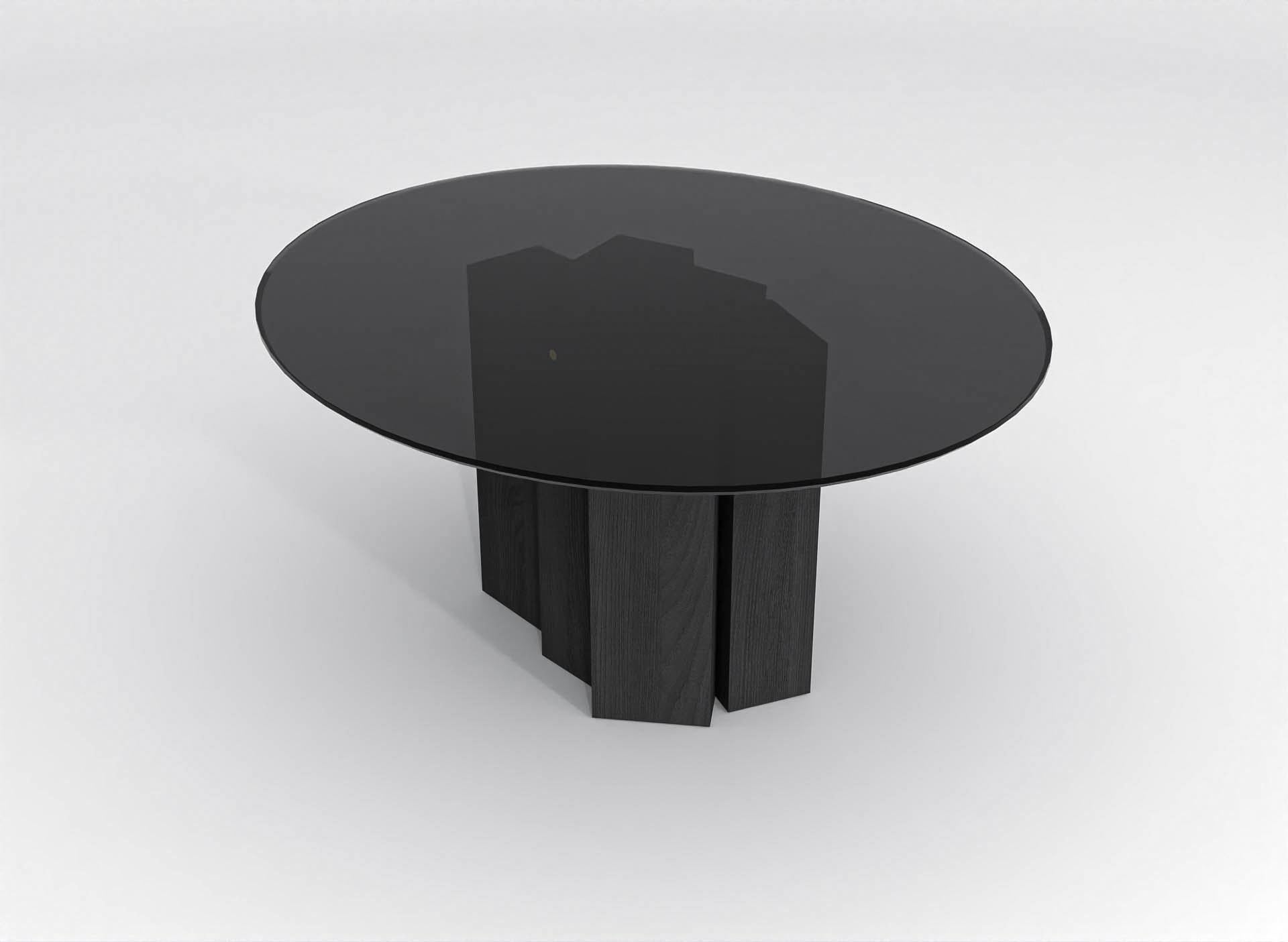 Belge Table de salle à manger ronde contemporaine en verre teinté noir et bois de frêne teinté noir en vente