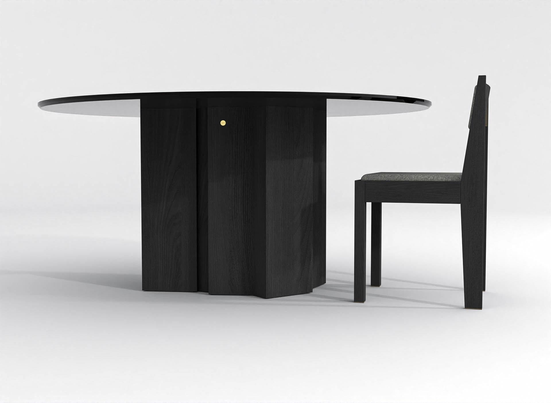 Tacheté Table de salle à manger ronde contemporaine en verre teinté noir et bois de frêne teinté noir en vente