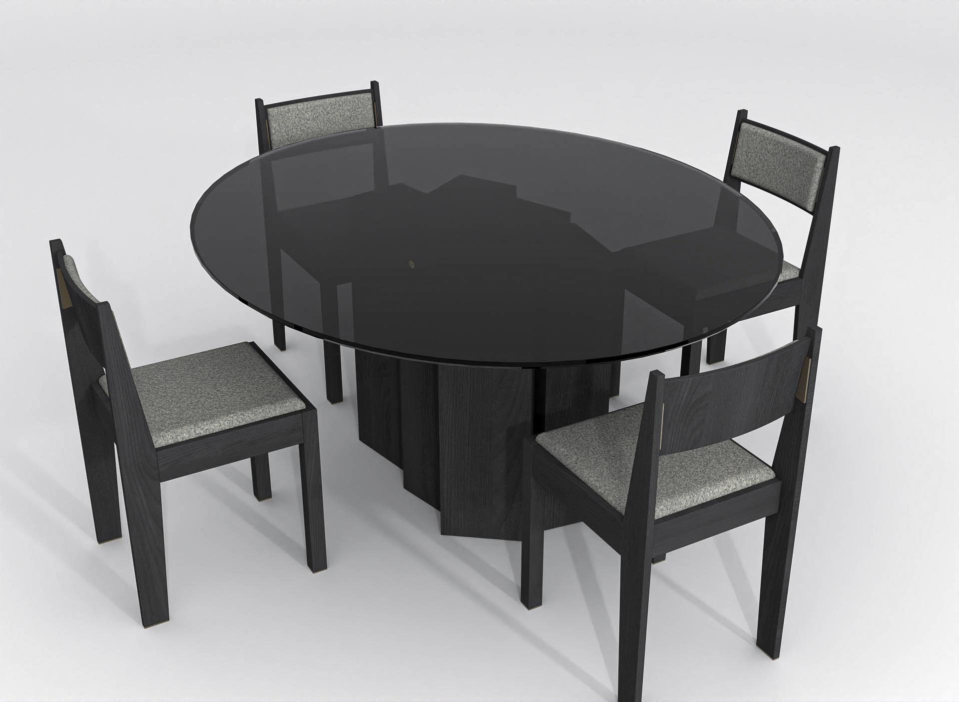 Bois Table de salle à manger ronde contemporaine en verre teinté noir et bois de frêne teinté noir en vente