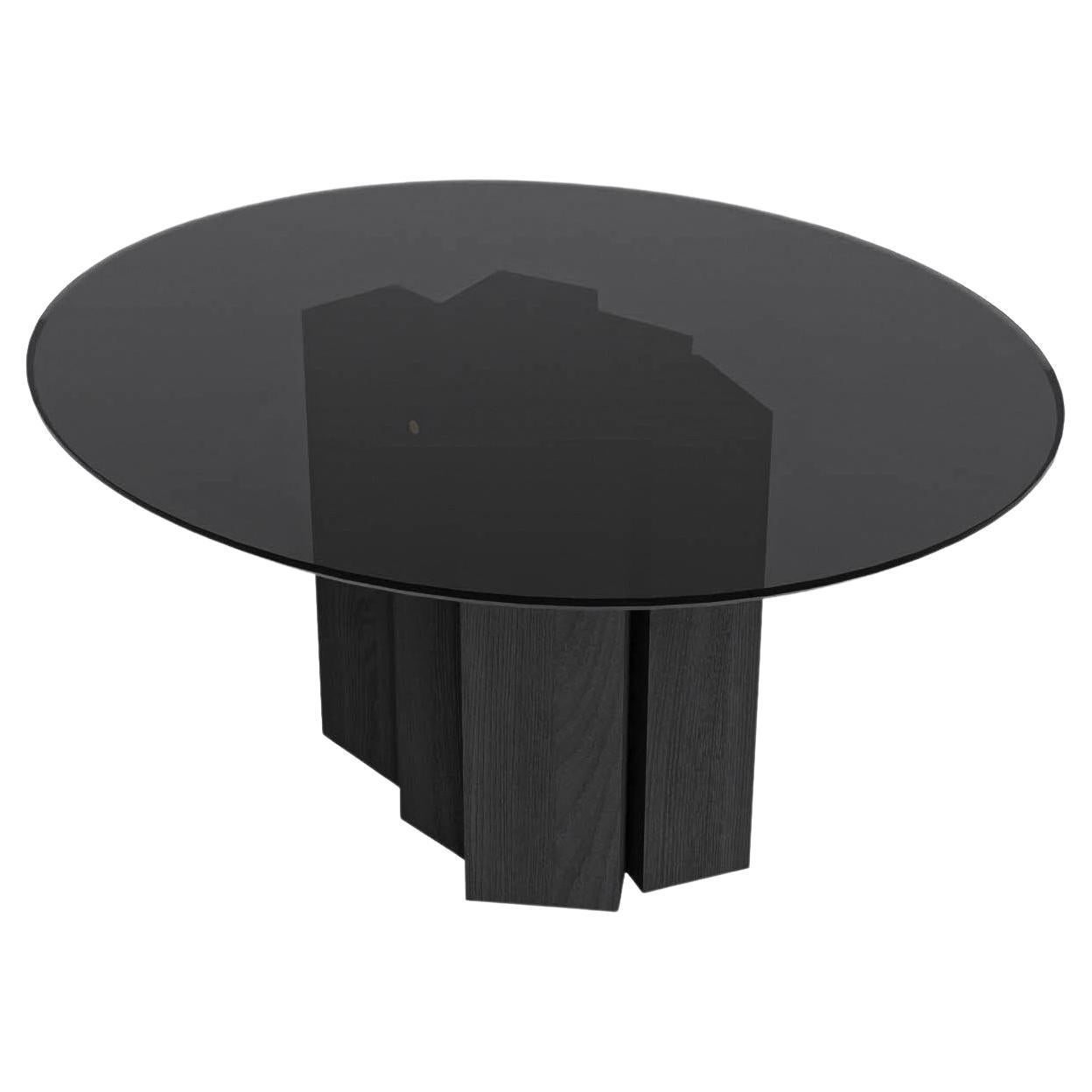 Contemporary Round Dining Table in Black Stained Glass & Black Stained Ash Wood