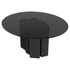 Table de salle à manger ronde contemporaine en verre teinté noir et bois de frêne teinté noir