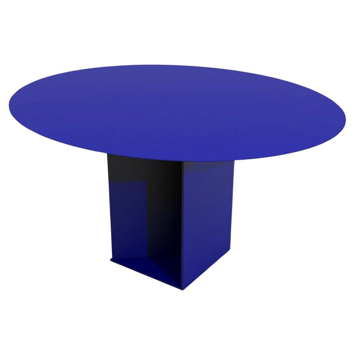 Table de salle à manger ronde contemporaine en acier revêtu de poudre bleu, table Barh Judd