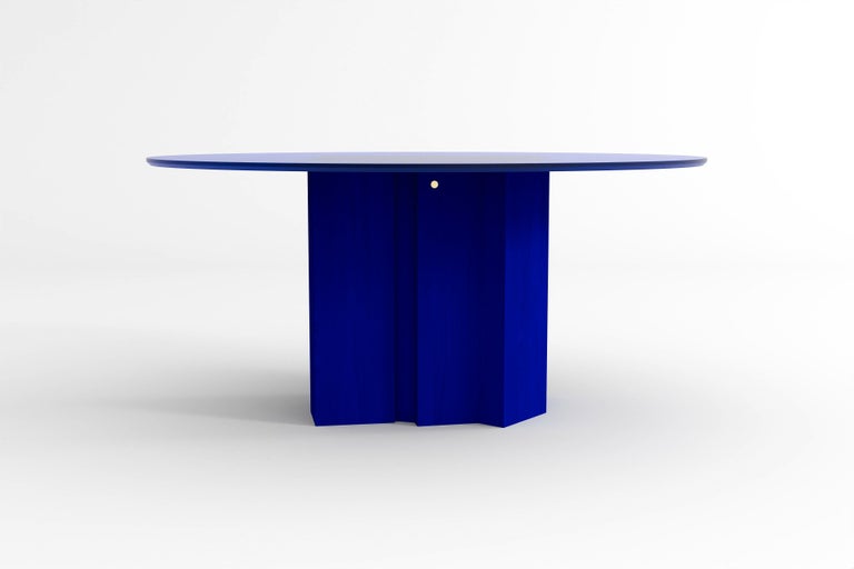 Contemporary Round Dining Table in Ikb Blue Glass and Blue Stained Ash