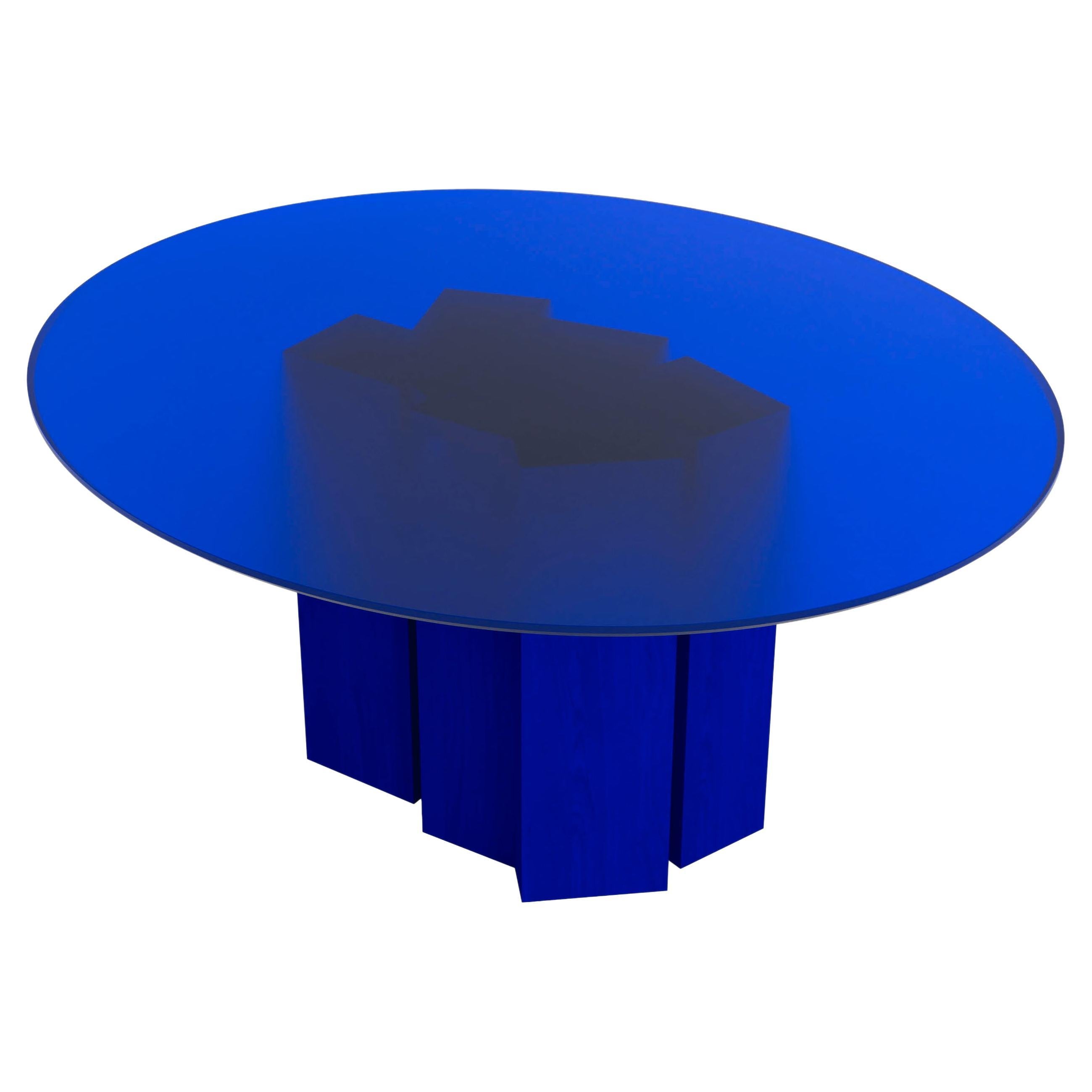 Contemporary Round Dining Table in Ikb Blue Glass and Blue Stained Ash Wood For Sale