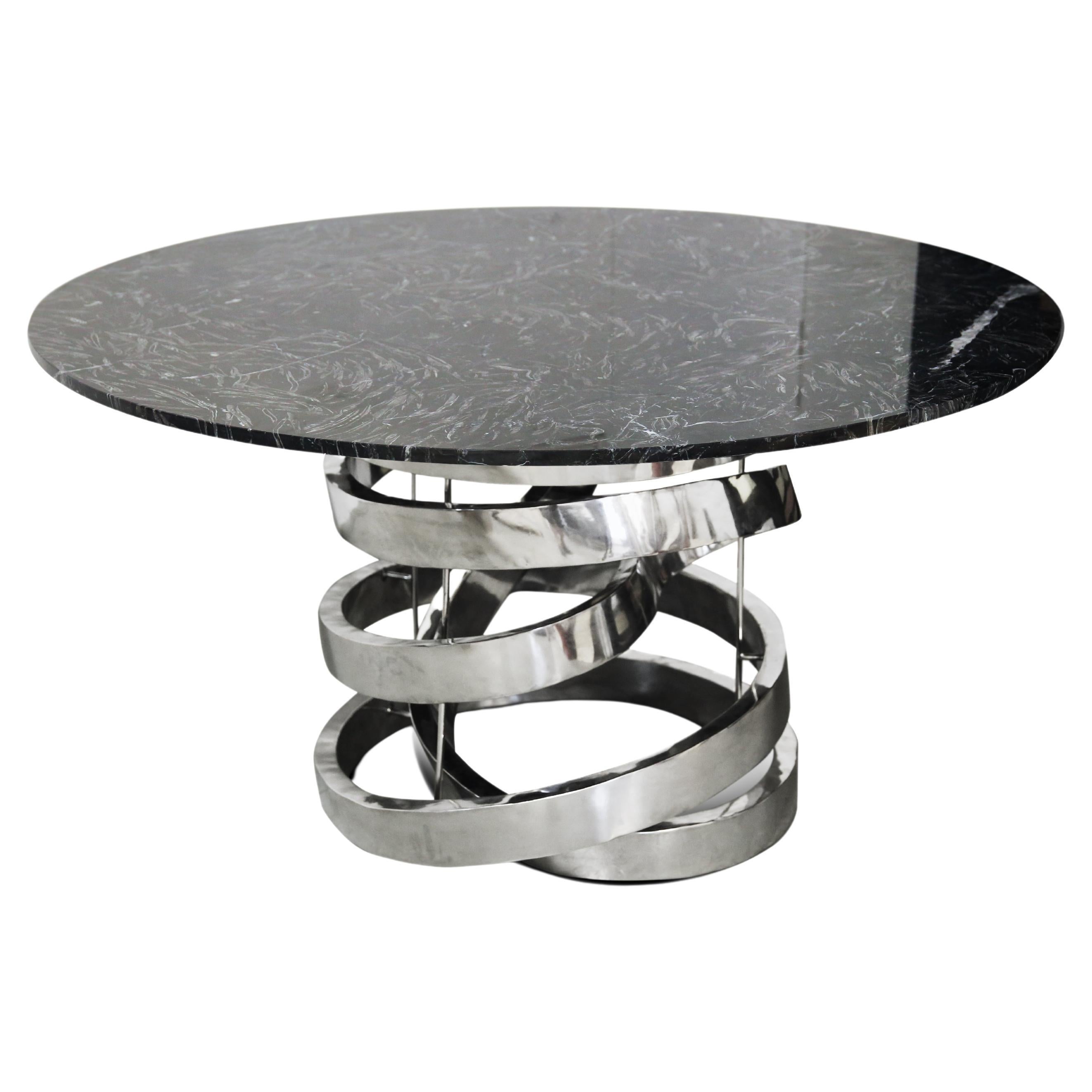 Contemporary Round dining table in Nero Marquina marble, Stainless steel base For Sale