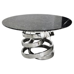 Contemporary Round dining table in Nero Marquina marble, Stainless steel base