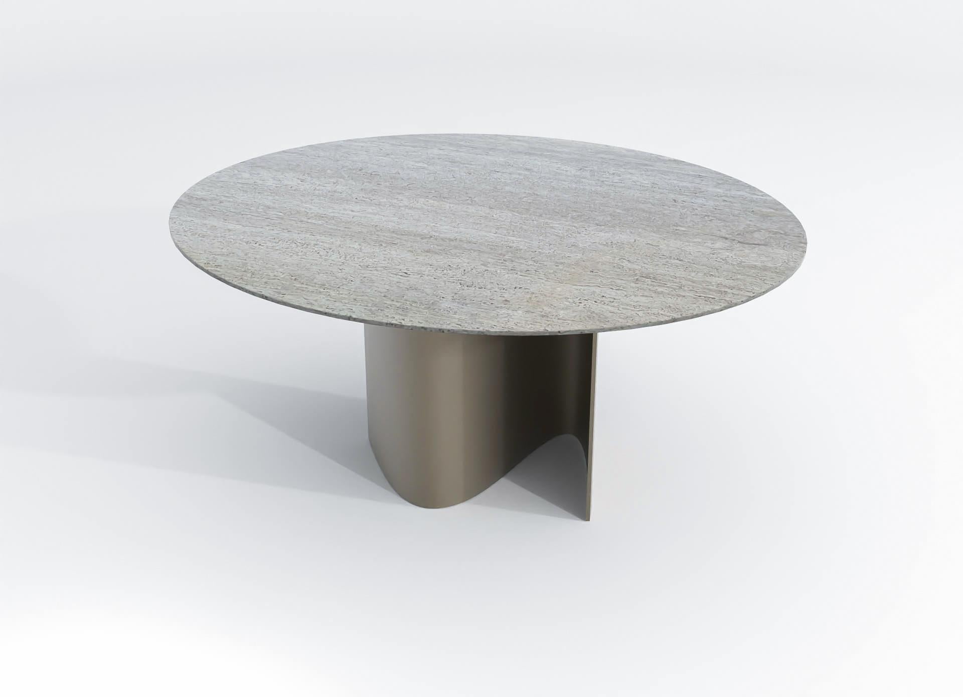 Autre Table de salle à manger ronde contemporaine en travertin et acier inoxydable bronze en vente