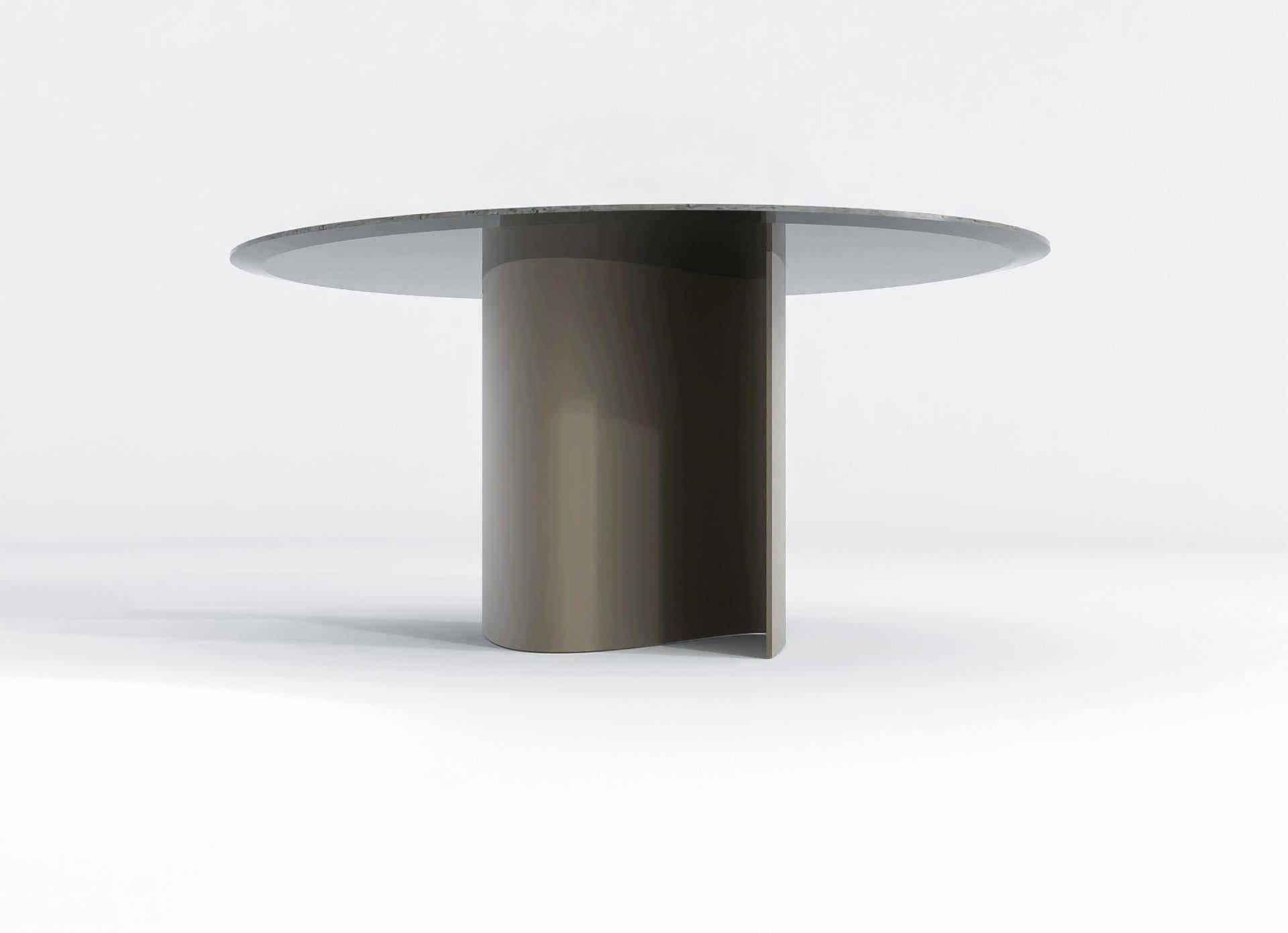 Belgian Contemporary Round Dining Table in Travertine and Bronze Stainless Steel For Sale